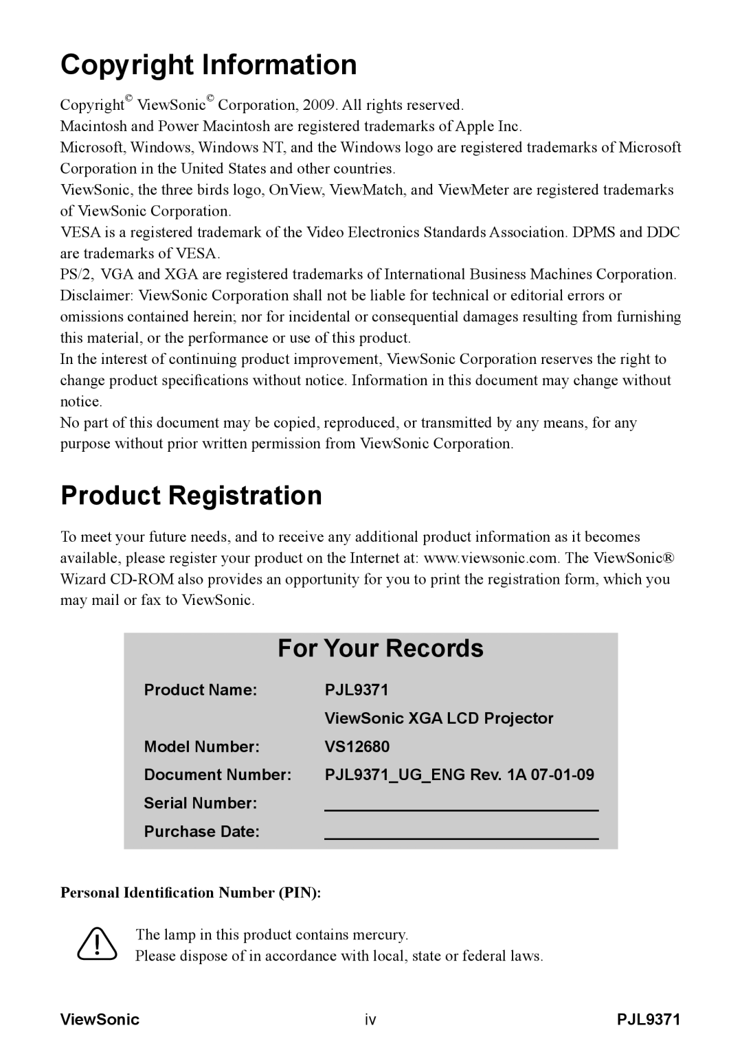 ViewSonic pjl9371 manual Product Registration, For Your Records, Copyright Information, Product Name, PJL9371, Model Number 