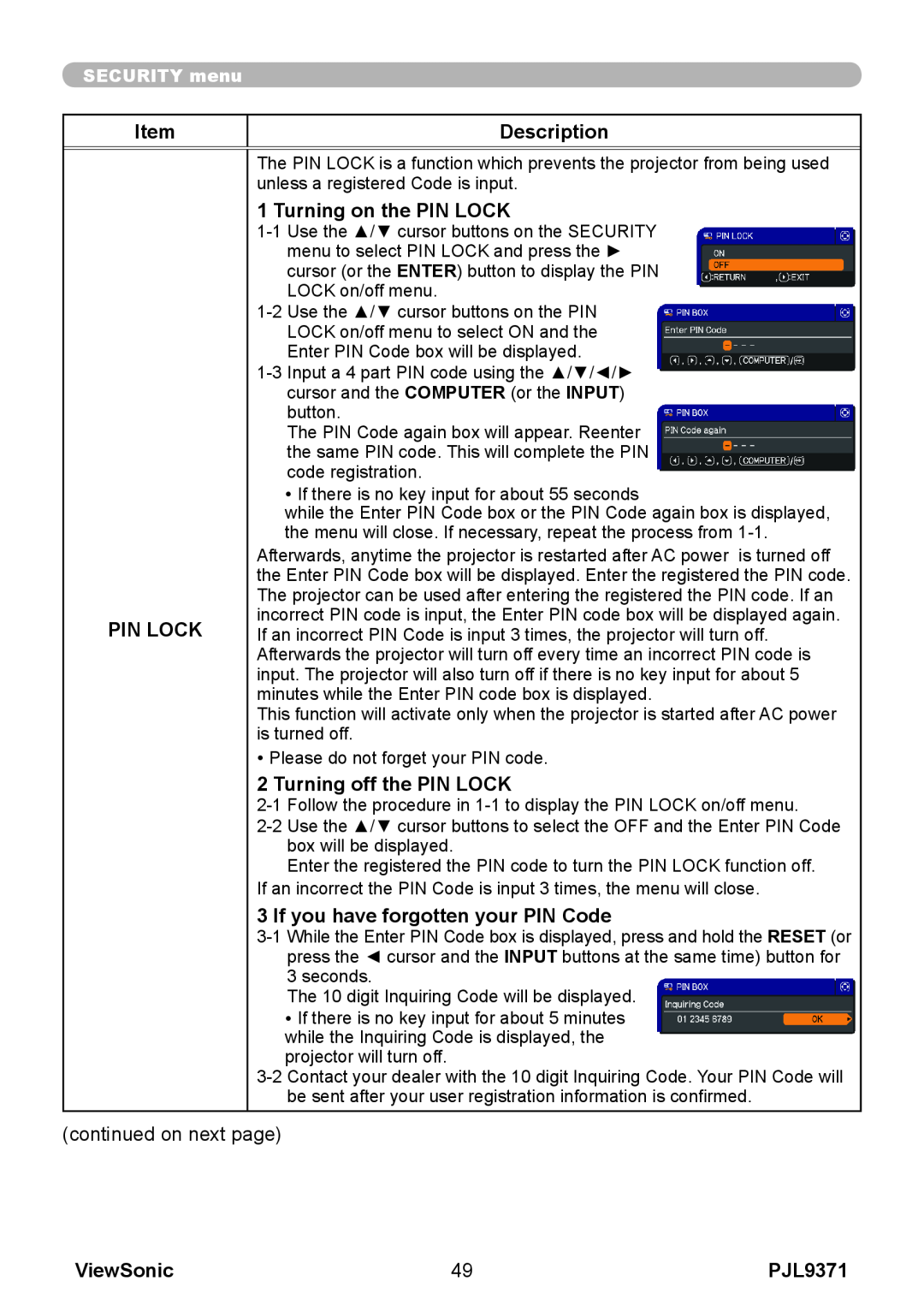 ViewSonic pjl9371 Item, Description, Pin Lock, Turning on the PIN LOCK, Turning off the PIN LOCK, ViewSonic, SECURITY menu 
