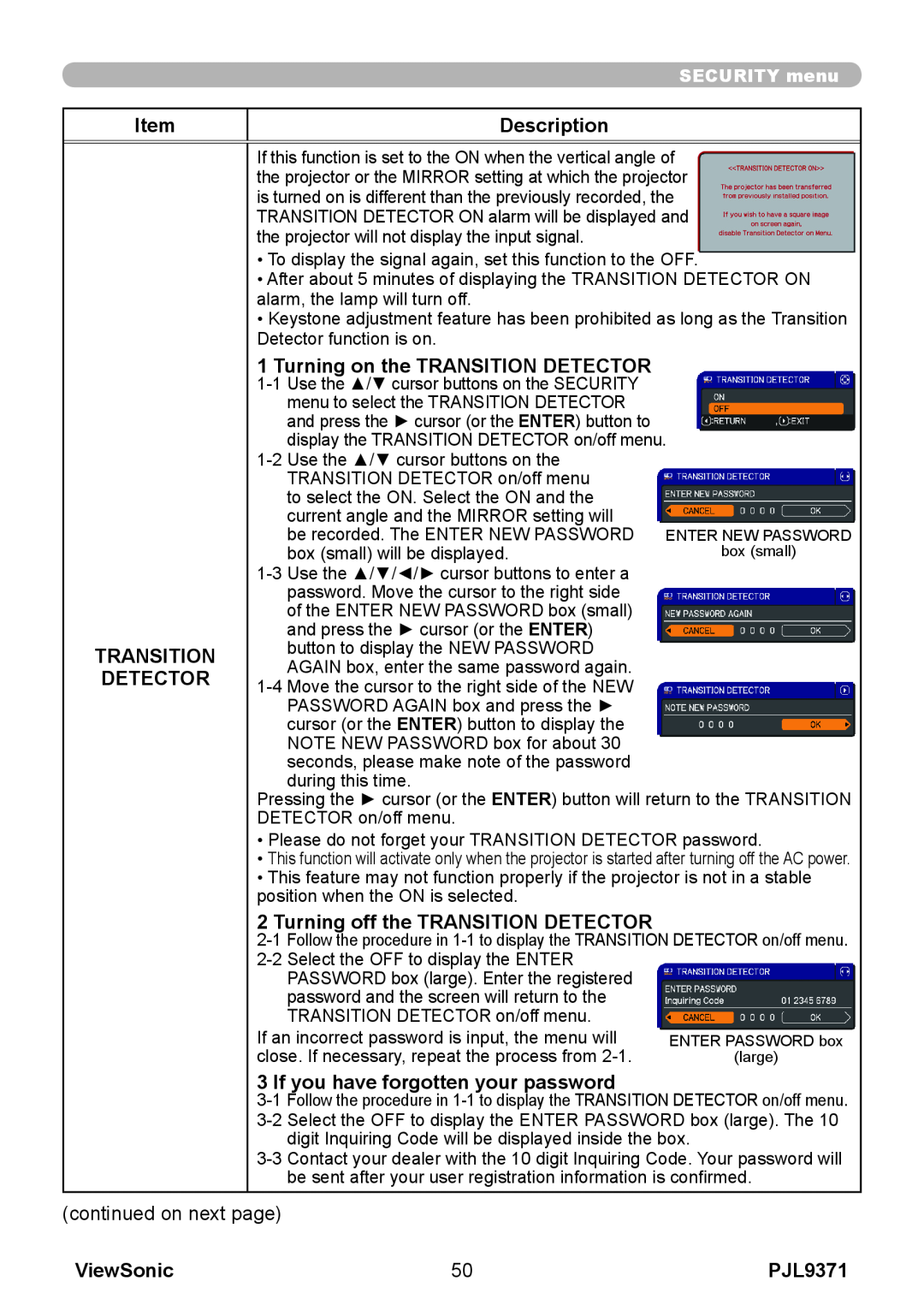 ViewSonic pjl9371 Item, Description, Transition Detector, Turning off the TRANSITION DETECTOR, ViewSonic, SECURITY menu 