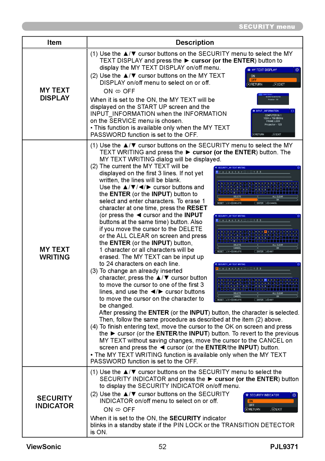 ViewSonic pjl9371 manual Item, Description, My Text, Display, Writing, Security, Indicator, ViewSonic 