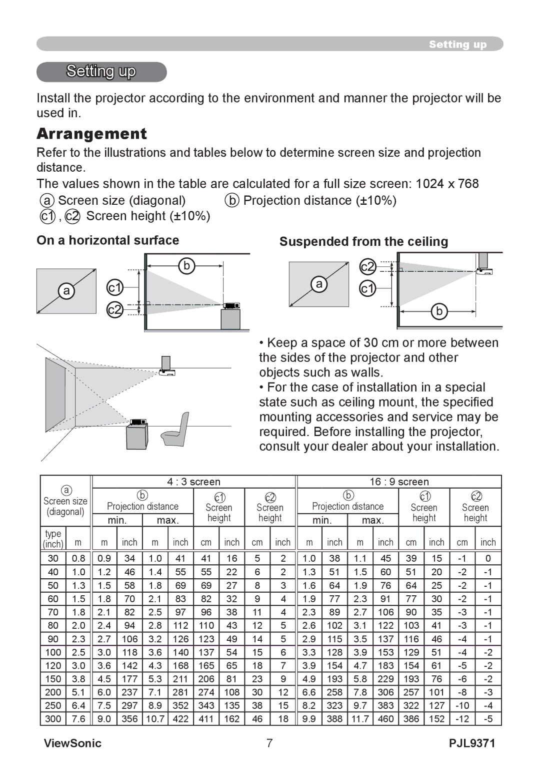 ViewSonic pjl9371 manual Setting up, Arrangement, On a horizontal surface Suspended from the ceiling 