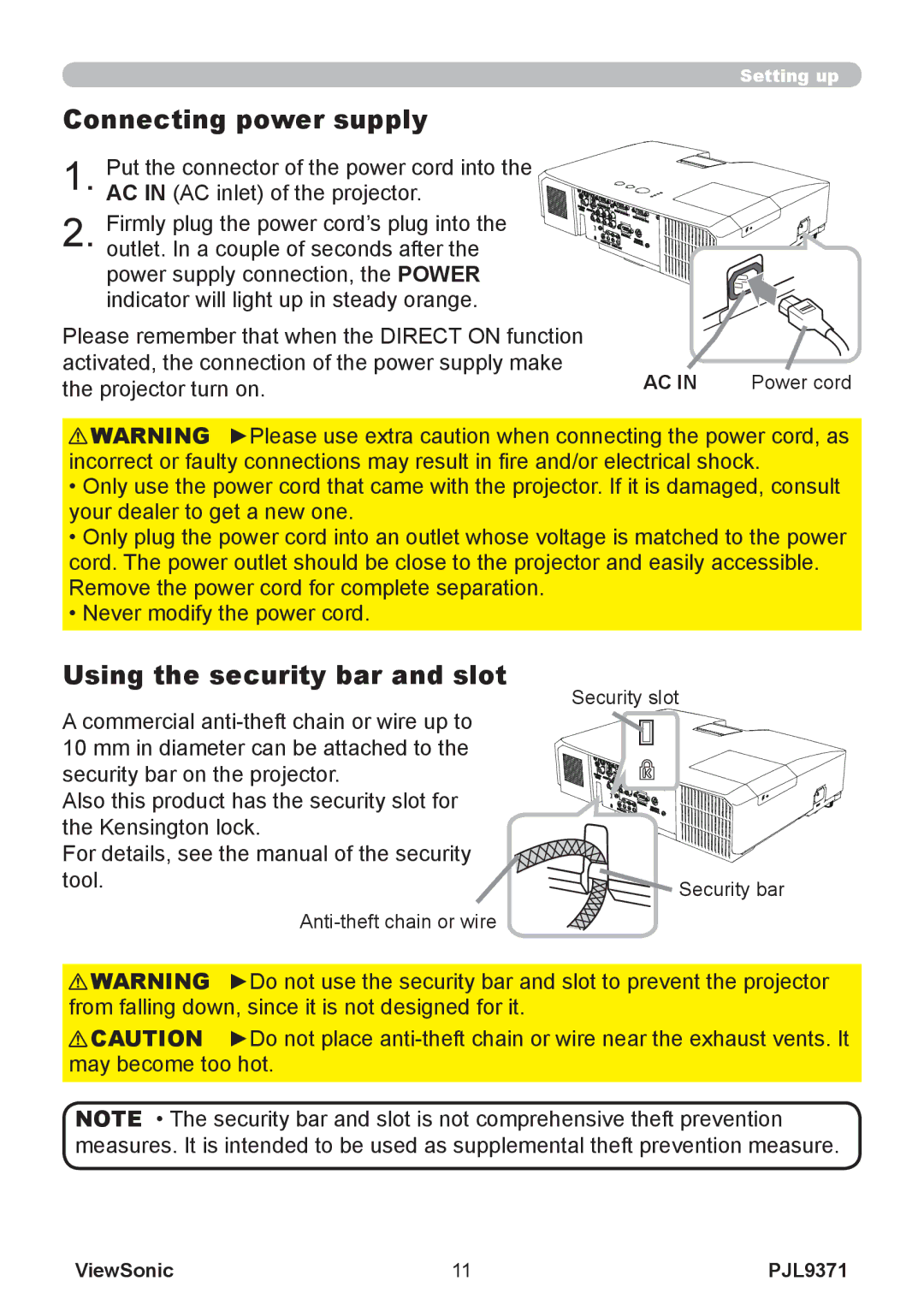 ViewSonic pjl9371 manual Connecting power supply, Using the security bar and slot 