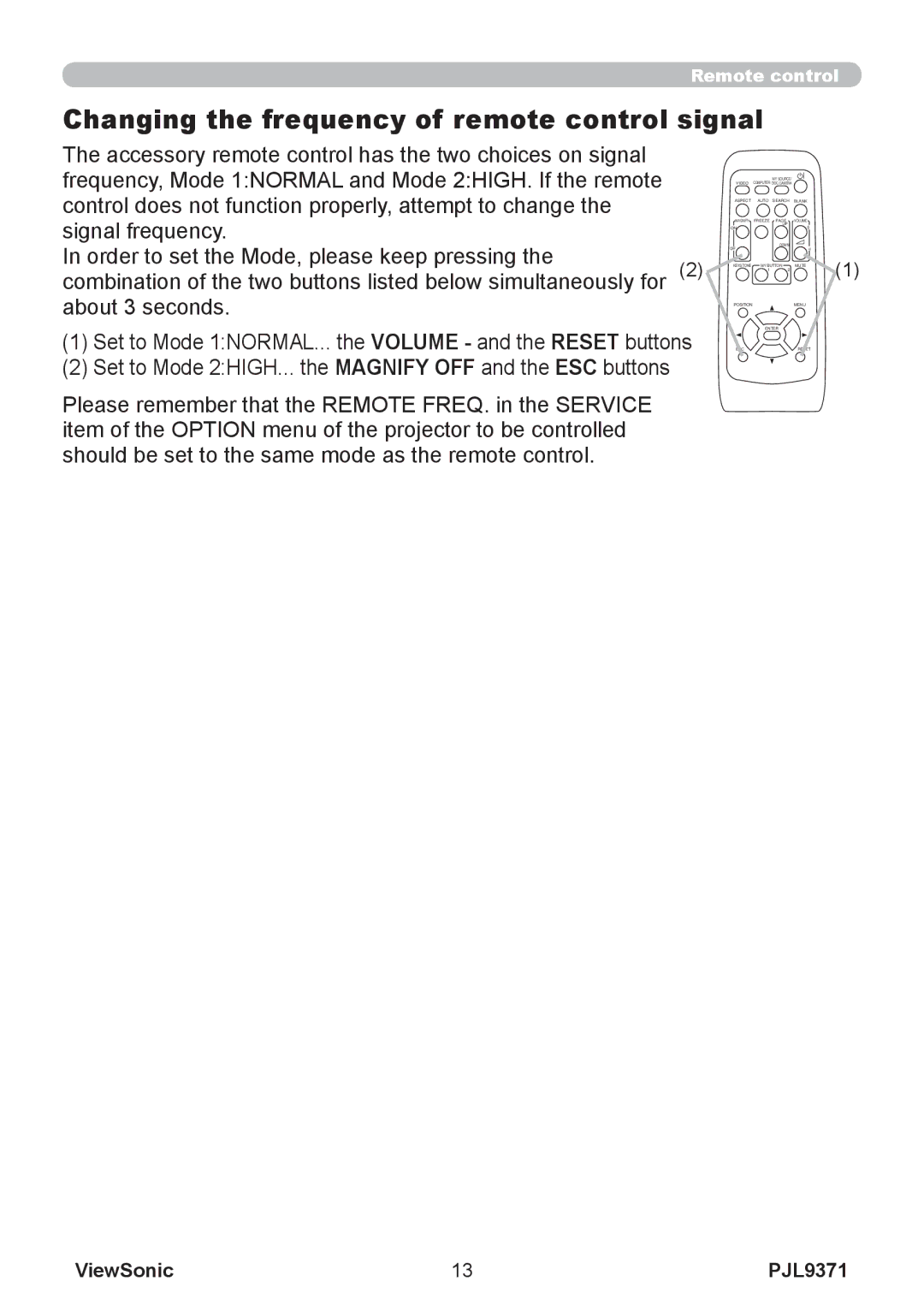 ViewSonic pjl9371 manual Changing the frequency of remote control signal 