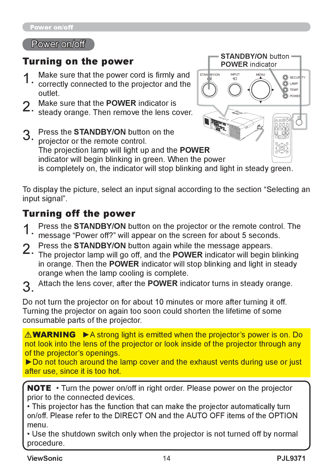 ViewSonic pjl9371 manual Power on/off, Turning on the power, Turning off the power, STANDBY/ON button 