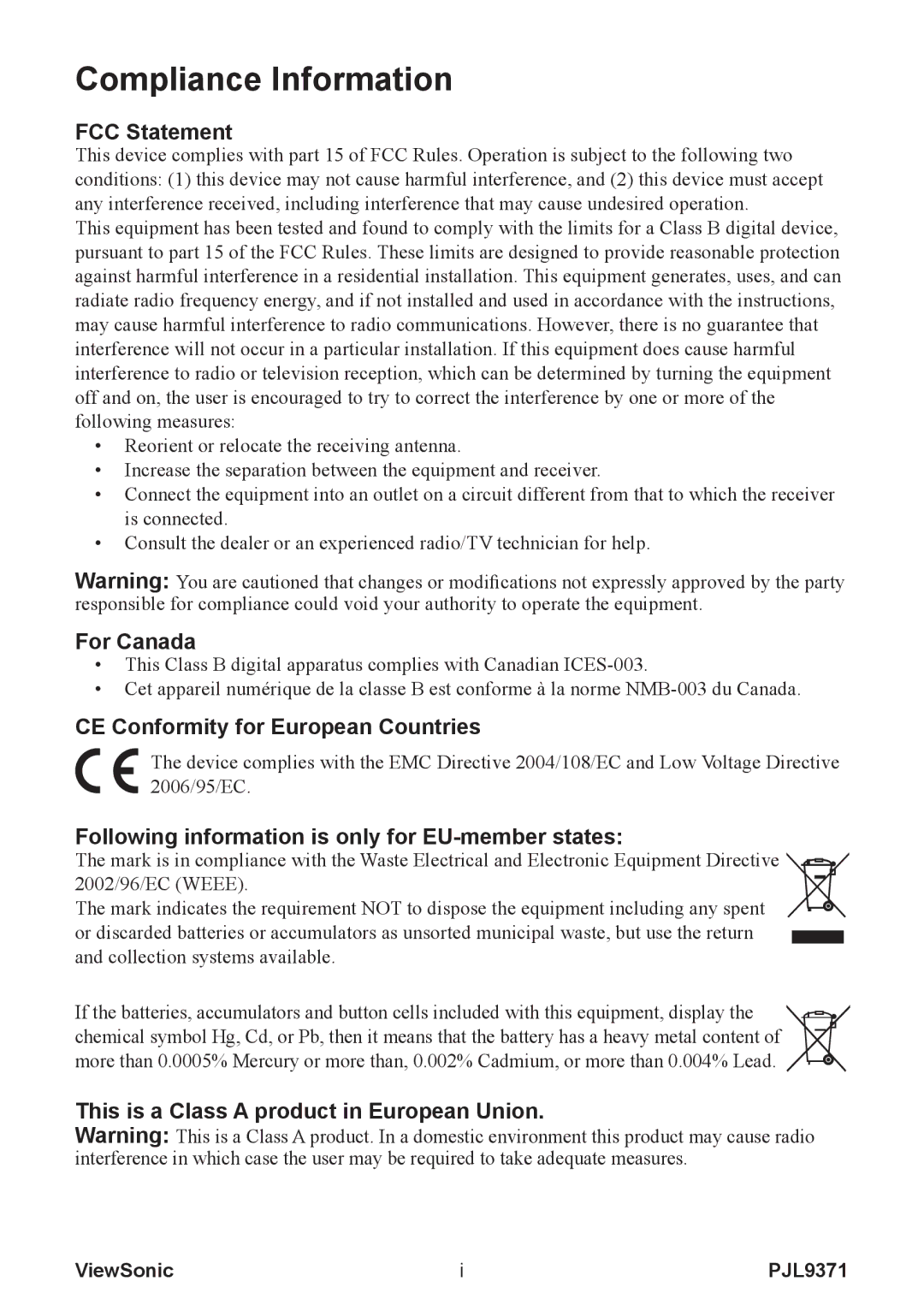 ViewSonic pjl9371 manual FCC Statement, For Canada, CE Conformity for European Countries 