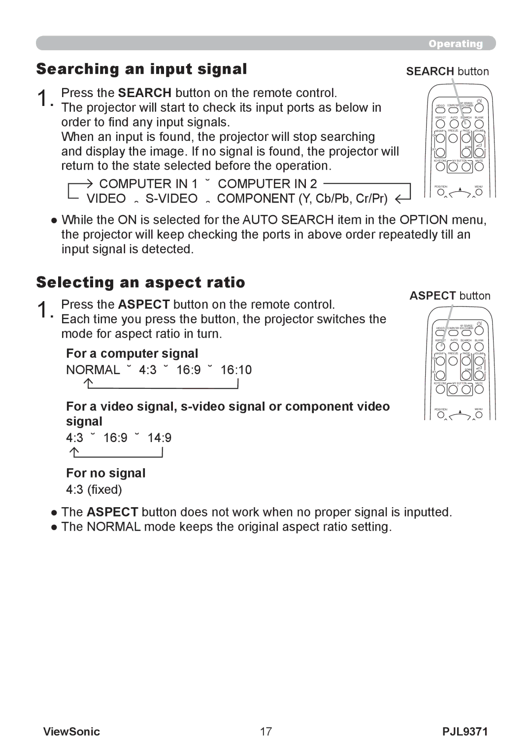 ViewSonic pjl9371 manual Searching an input signal, Selecting an aspect ratio,  For a computer signal,  For no signal 