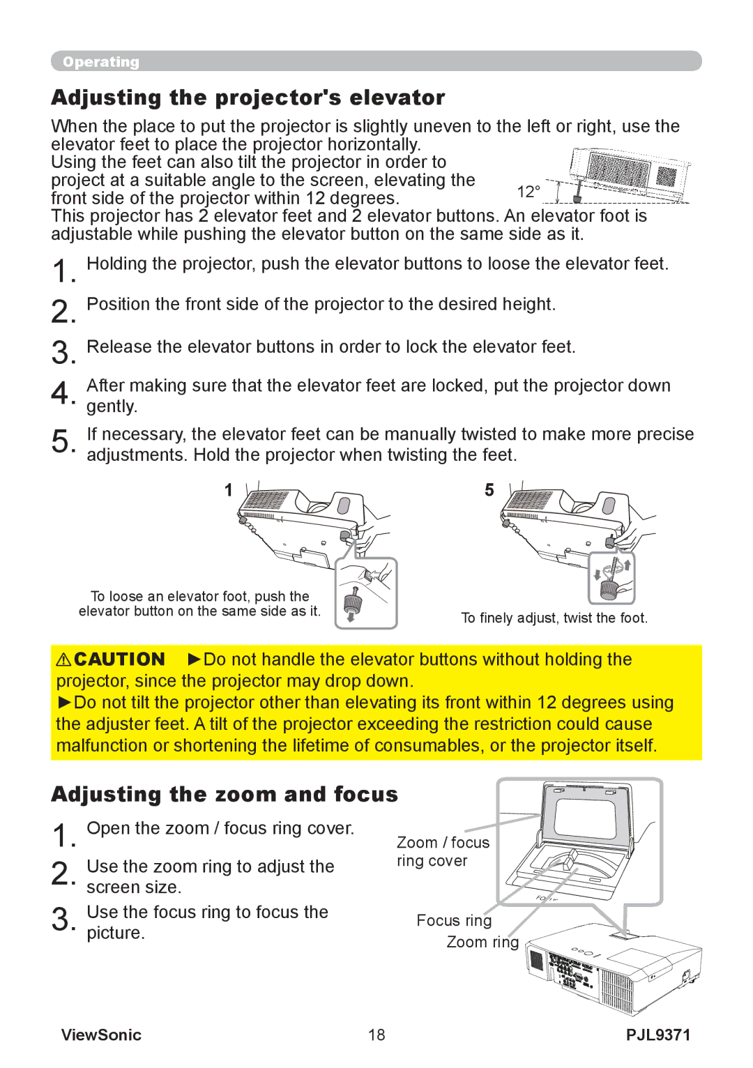 ViewSonic pjl9371 manual Adjusting the projectors elevator, Adjusting the zoom and focus 