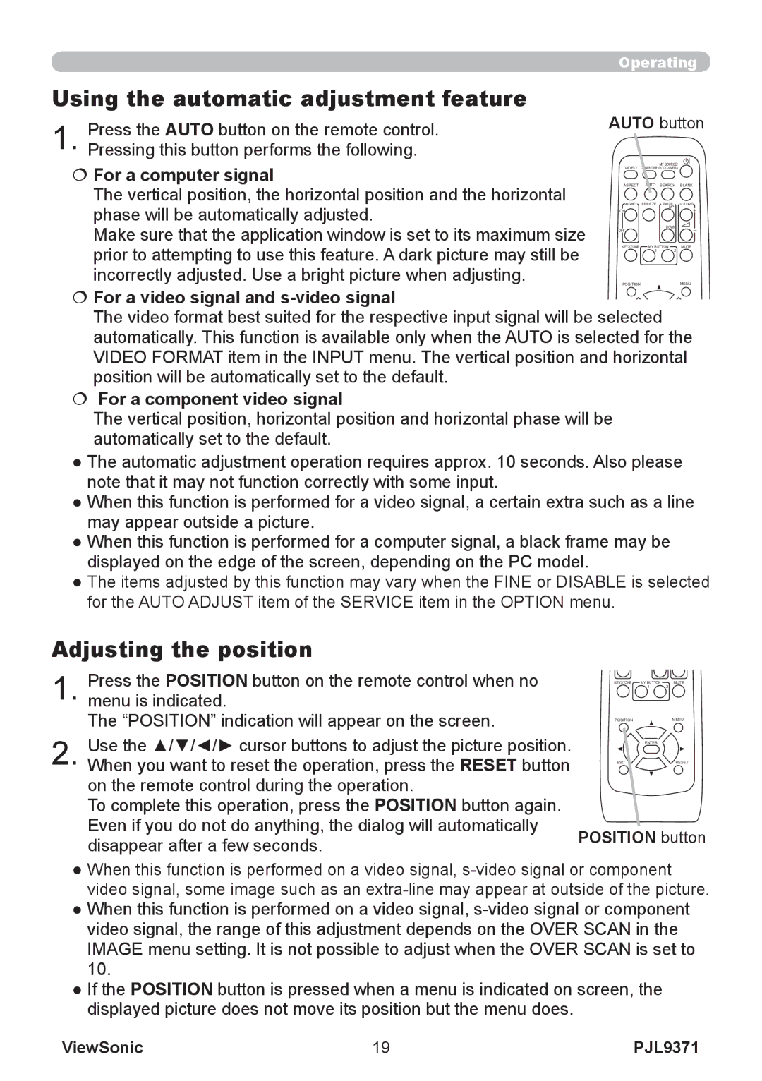 ViewSonic pjl9371 manual Using the automatic adjustment feature, Adjusting the position, Position button 