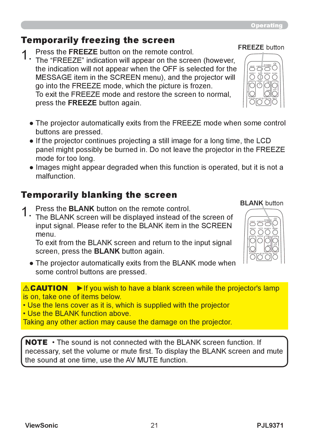 ViewSonic pjl9371 manual Temporarily freezing the screen, Temporarily blanking the screen, Freeze button, Blank button 