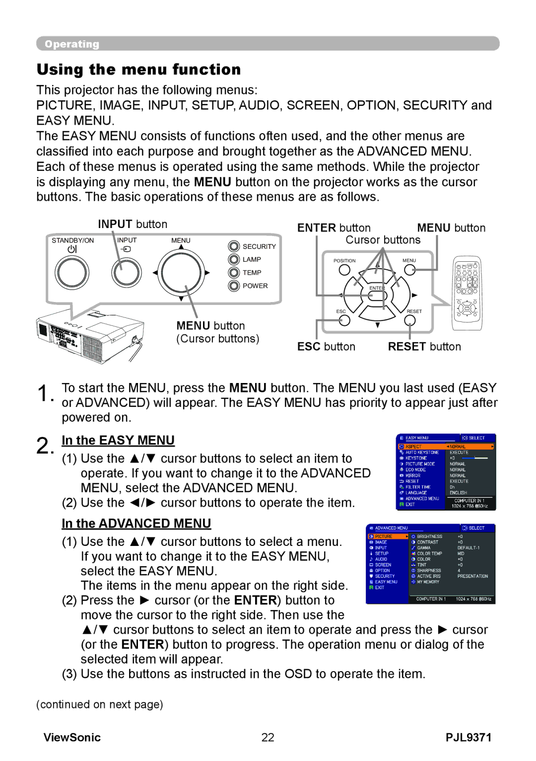 ViewSonic pjl9371 manual Using the menu function, Easy Menu, Advanced Menu, Input button Enter button, Reset button 