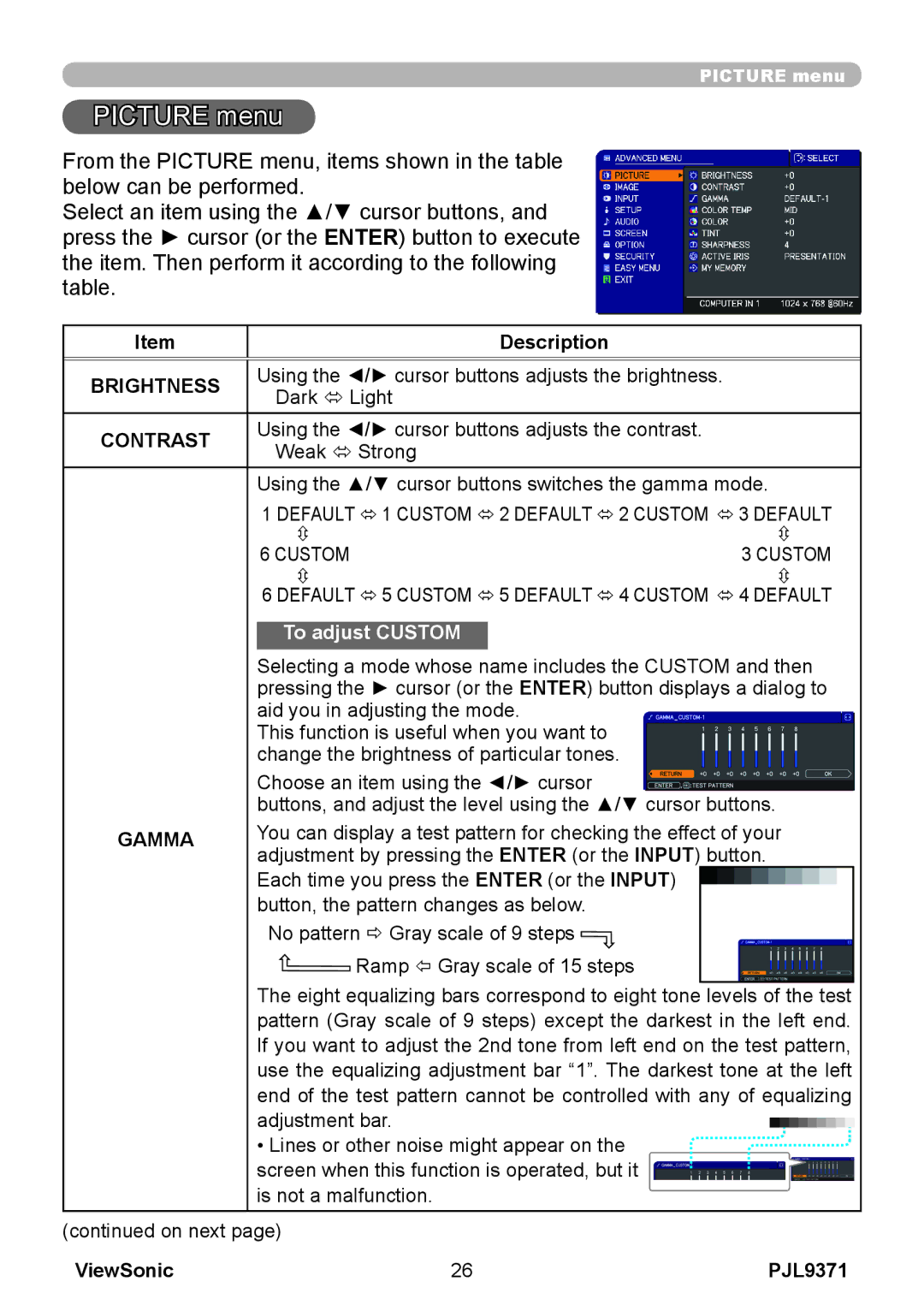 ViewSonic pjl9371 manual Picture menu, Brightness, Contrast, Gamma, ViewSonic PJL9371 