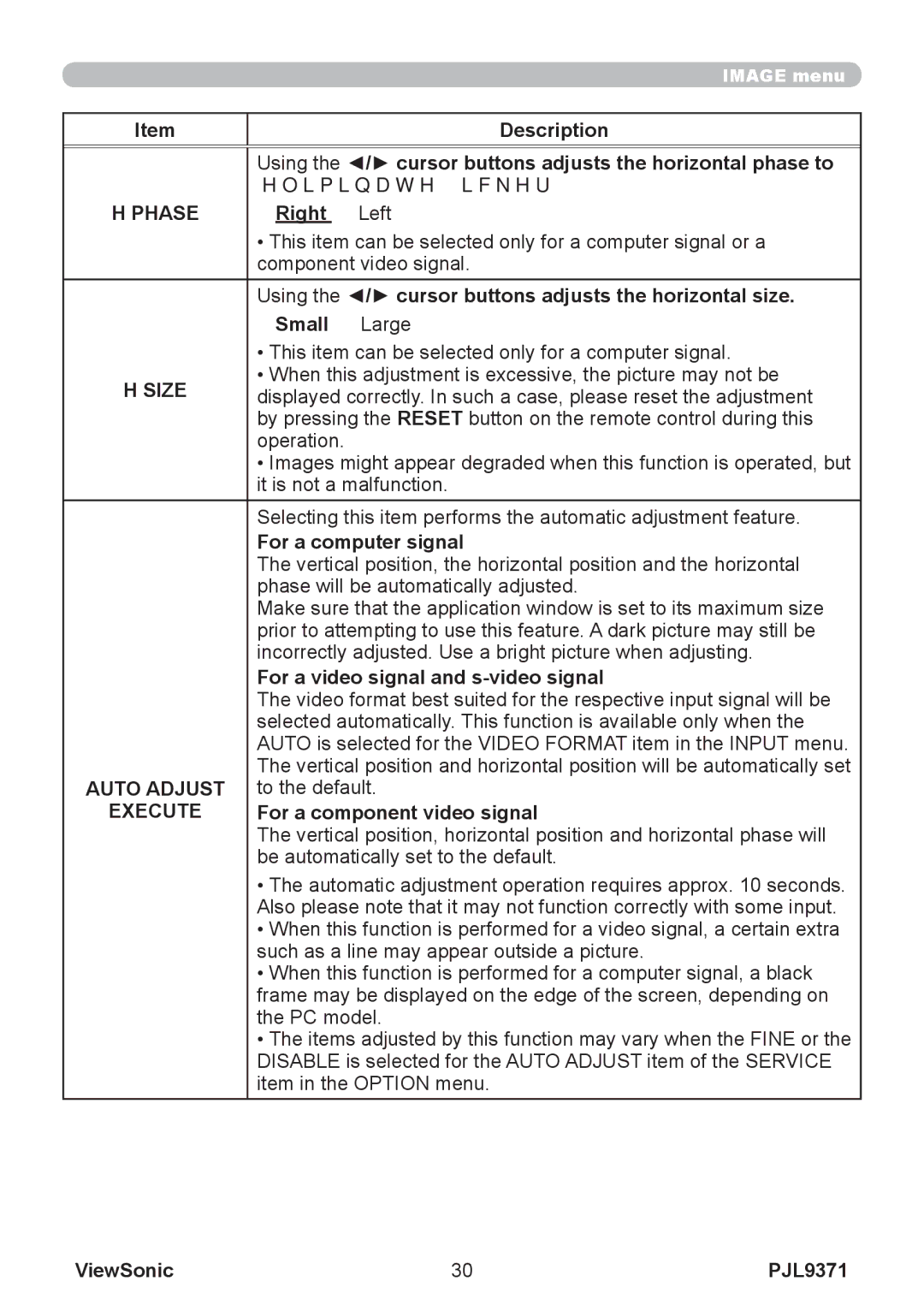 ViewSonic pjl9371 manual Phase, Size, Auto Adjust 