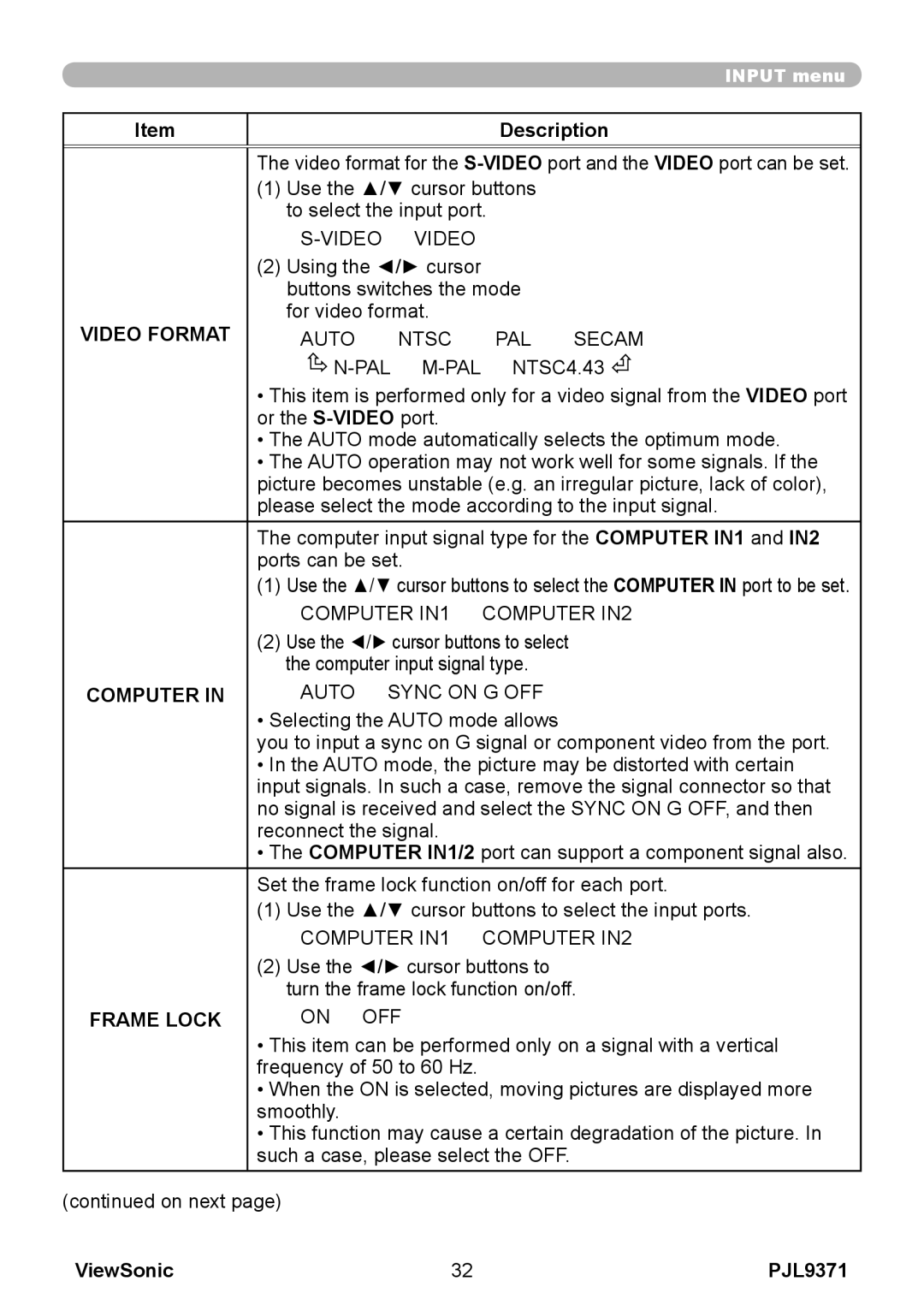 ViewSonic pjl9371 manual Video Format, Computer, Auto ó Sync on G OFF, Frame Lock 