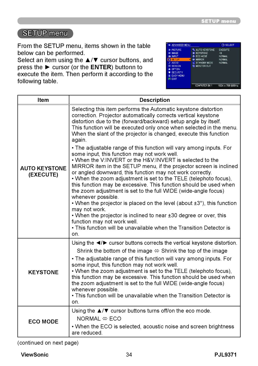 ViewSonic pjl9371 manual Setup menu, Auto Keystone 