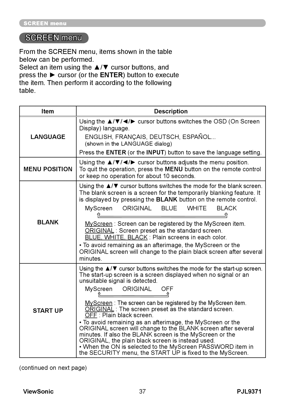 ViewSonic pjl9371 manual Screen menu, Blank, Start UP 