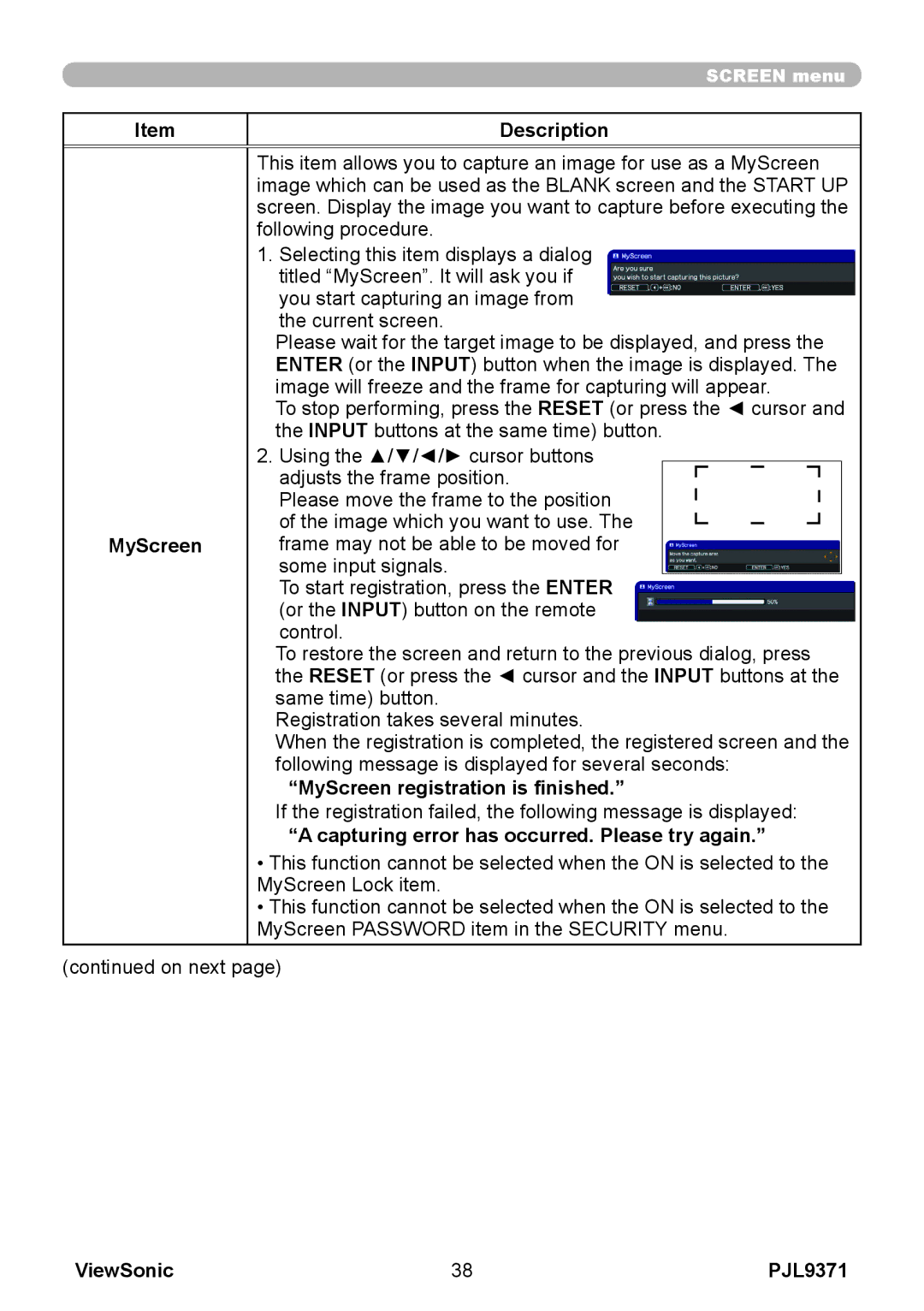 ViewSonic pjl9371 Description MyScreen, MyScreen registration is finished, Capturing error has occurred. Please try again 