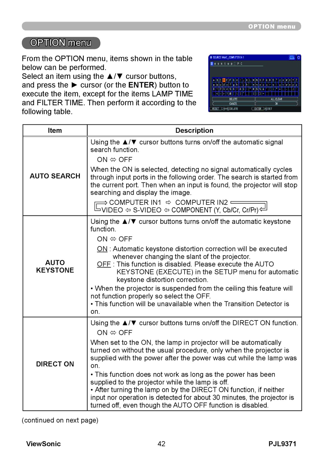 ViewSonic pjl9371 manual Option menu, Auto Search, Direct on 