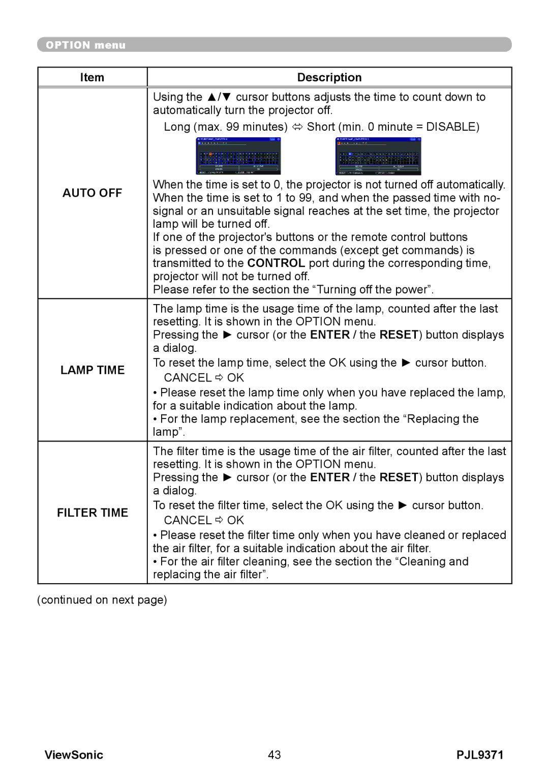 ViewSonic pjl9371 manual Auto OFF, Lamp Time 