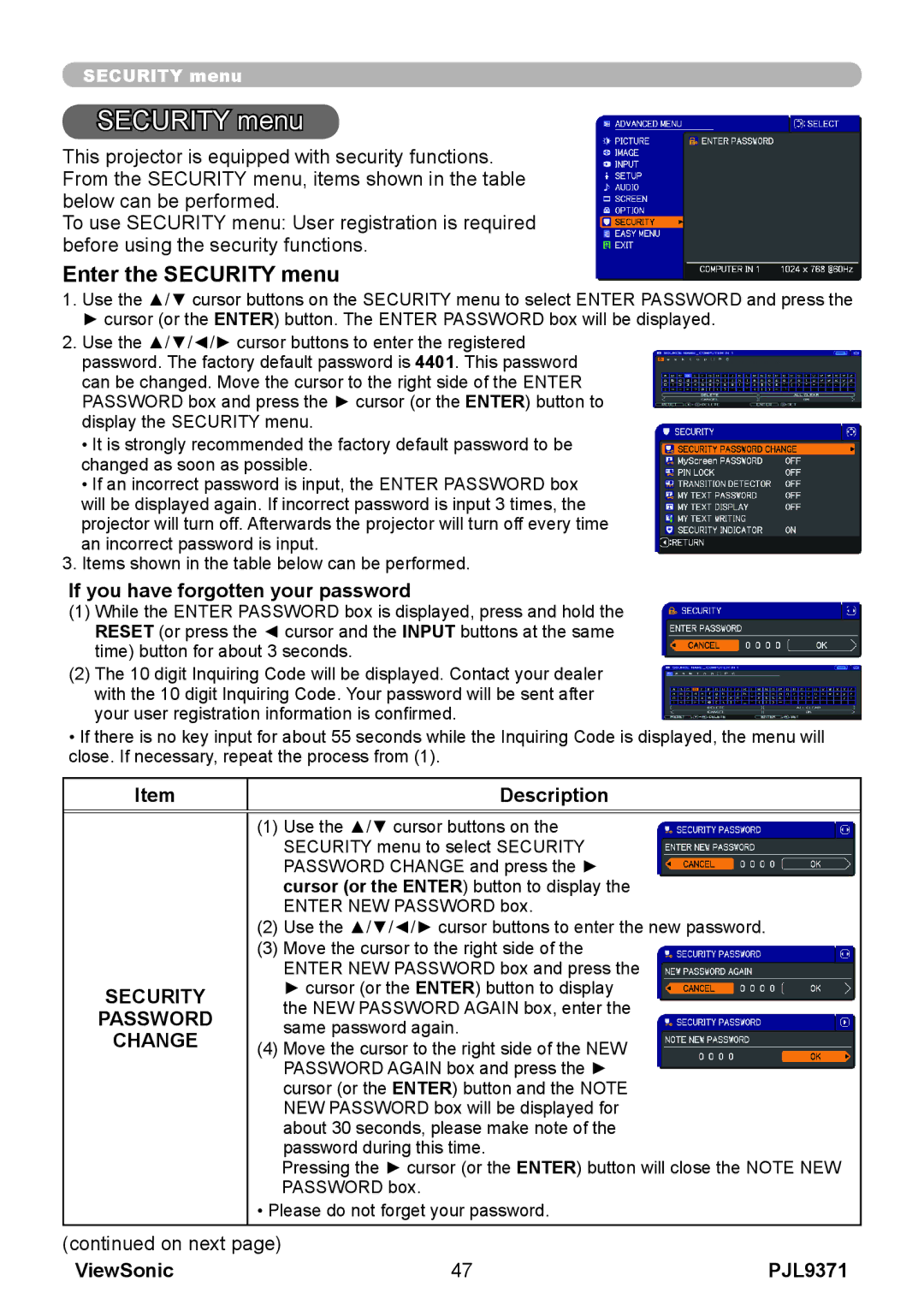 ViewSonic pjl9371 manual Enter the Security menu, Password, Change 