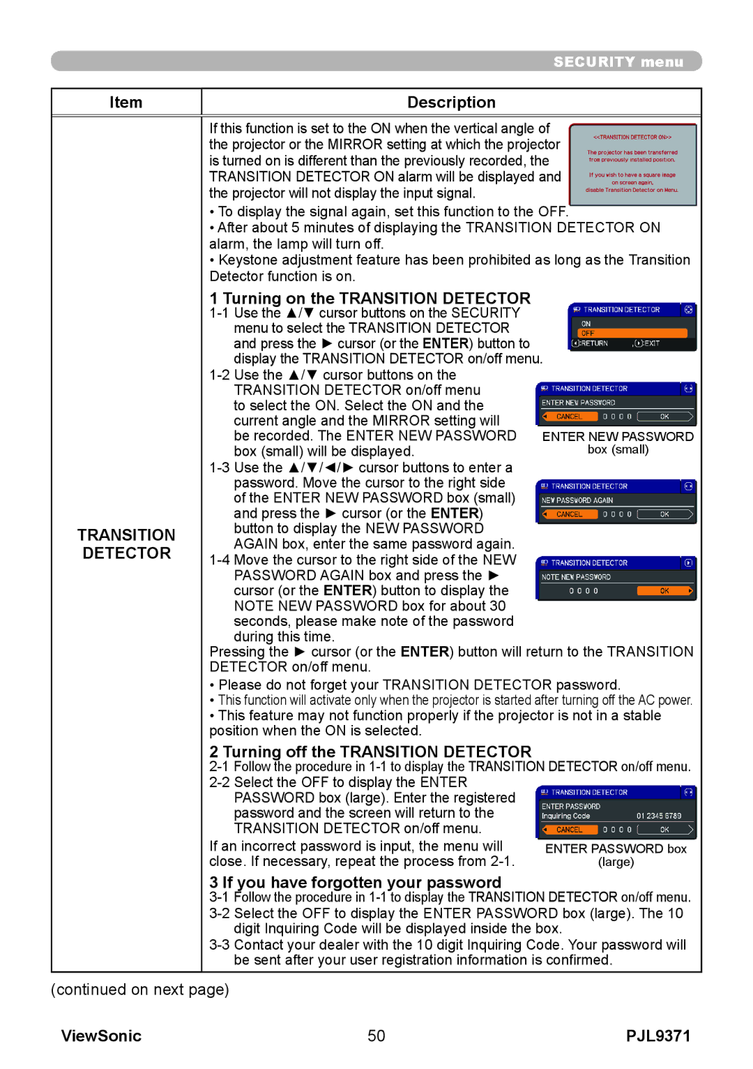 ViewSonic pjl9371 manual Turning off the Transition Detector 