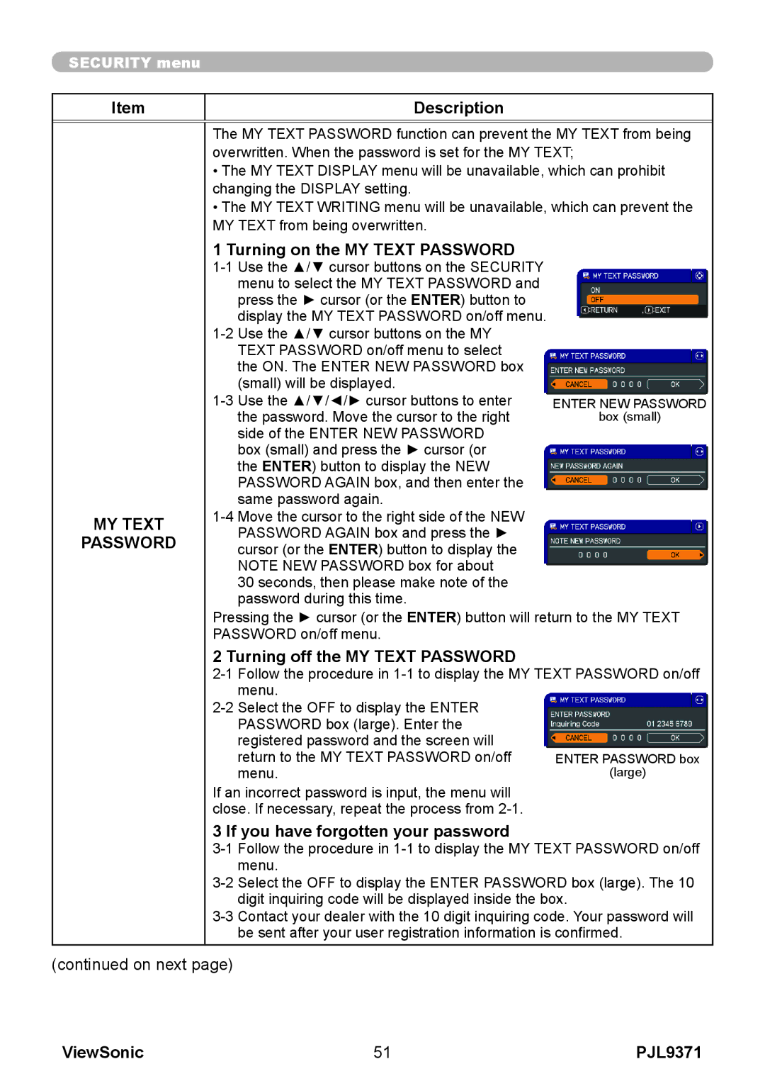 ViewSonic pjl9371 manual Turning on the MY Text Password, Turning off the MY Text Password 