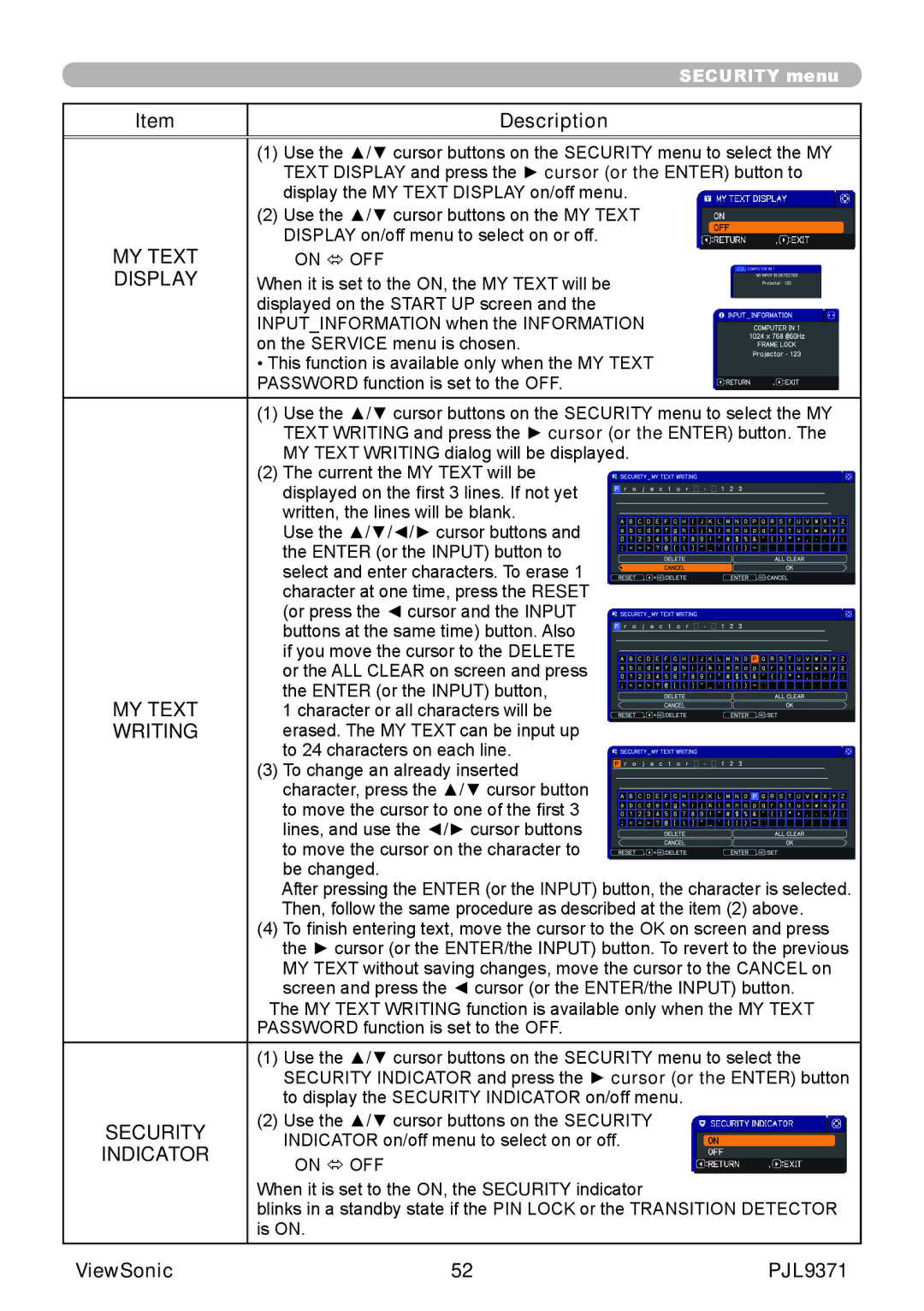 ViewSonic pjl9371 manual MY Text, Writing, Indicator 