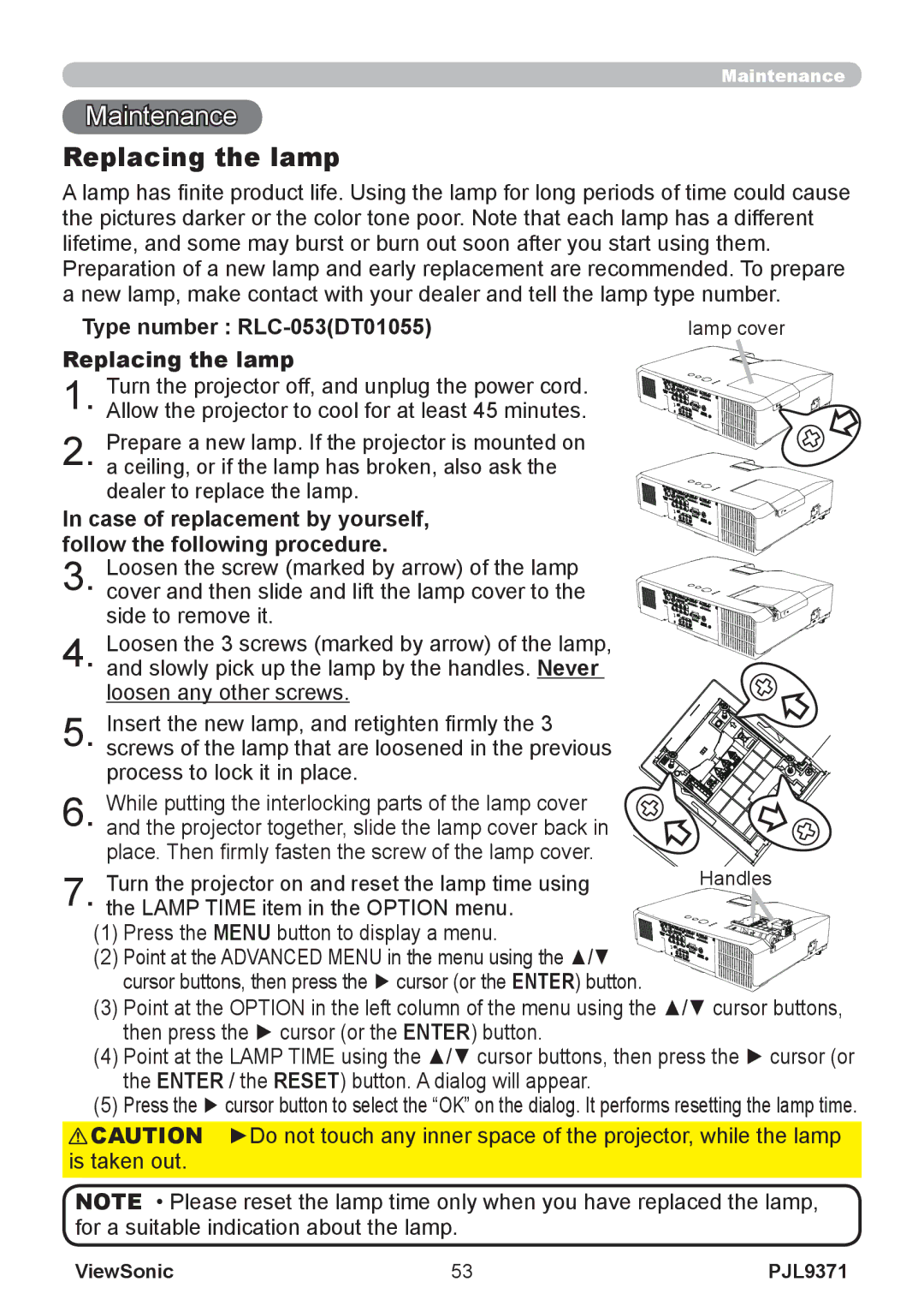 ViewSonic pjl9371 manual Maintenance, Type number RLC-053DT01055 Replacing the lamp 