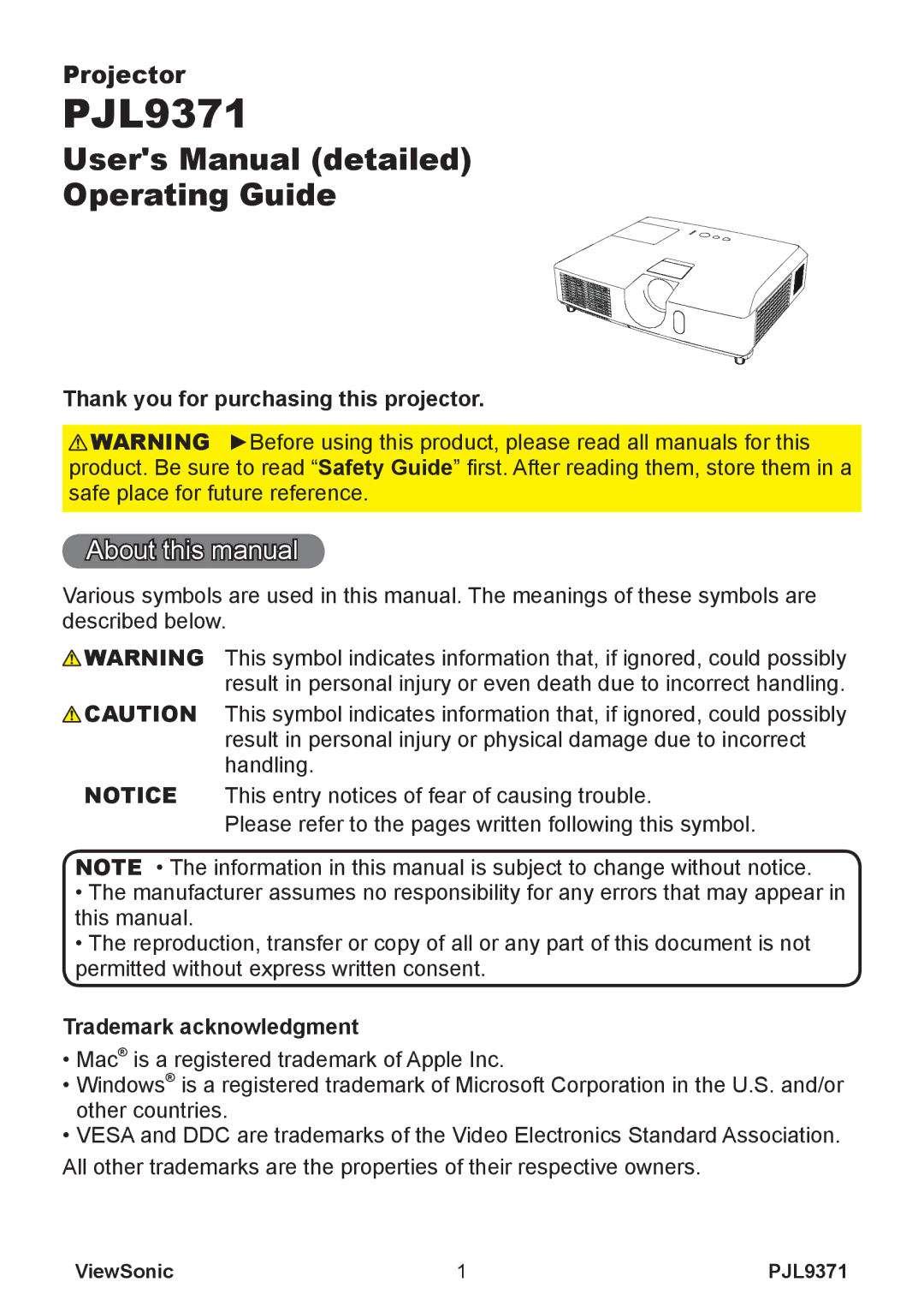 ViewSonic pjl9371 About this manual, Thank you for purchasing this projector, Trademark acknowledgment 