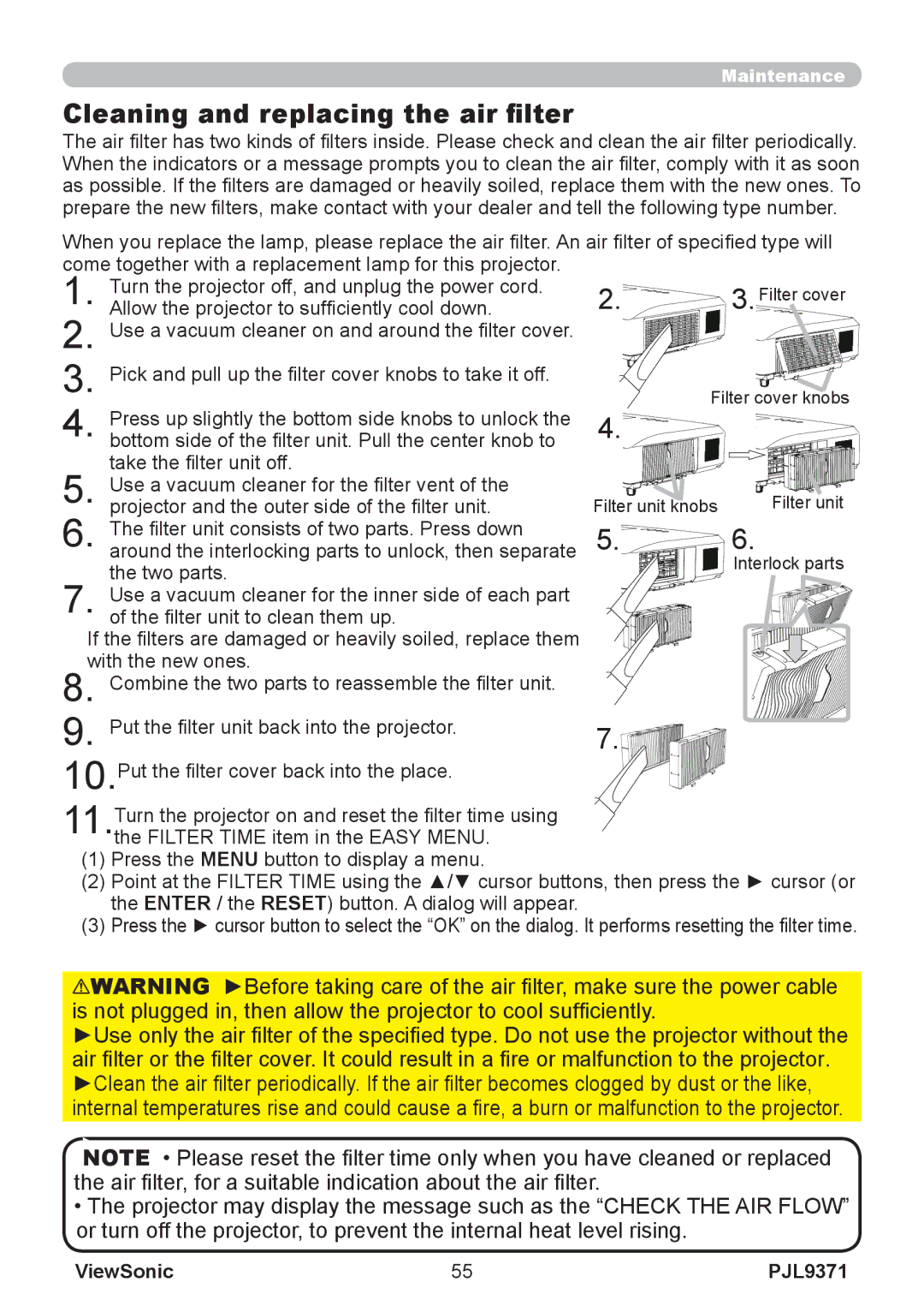 ViewSonic pjl9371 manual Cleaning and replacing the air filter 