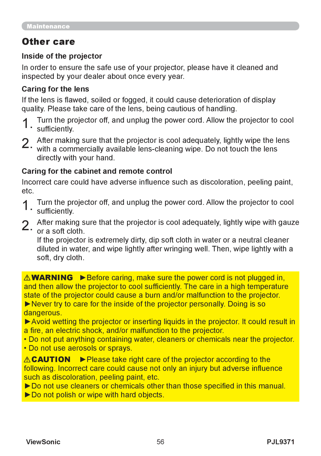 ViewSonic pjl9371 Other care, Inside of the projector, Caring for the lens, Caring for the cabinet and remote control 