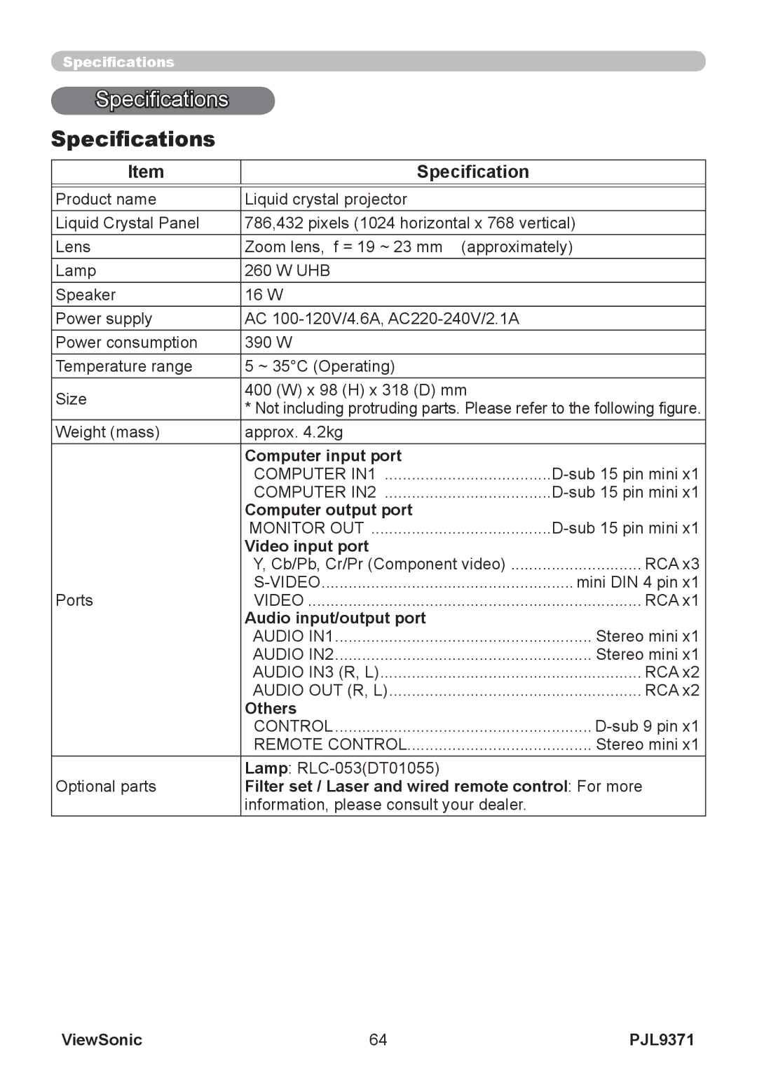 ViewSonic pjl9371 manual Specifications 