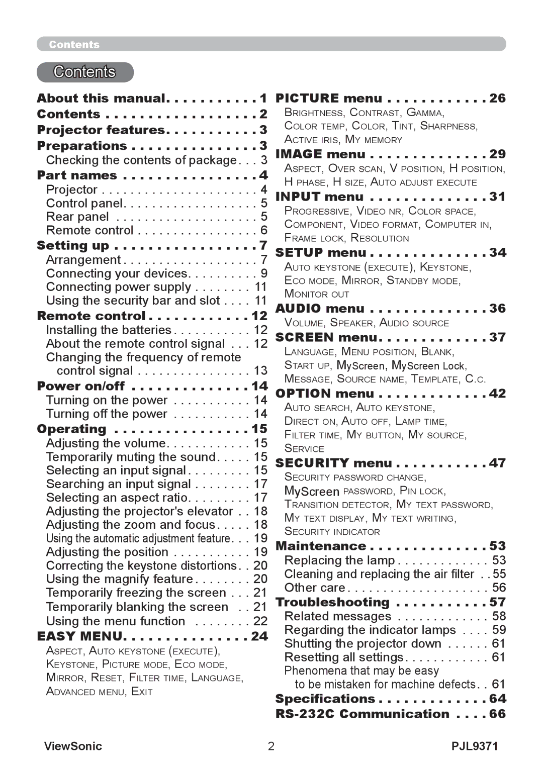 ViewSonic pjl9371 manual Contents 