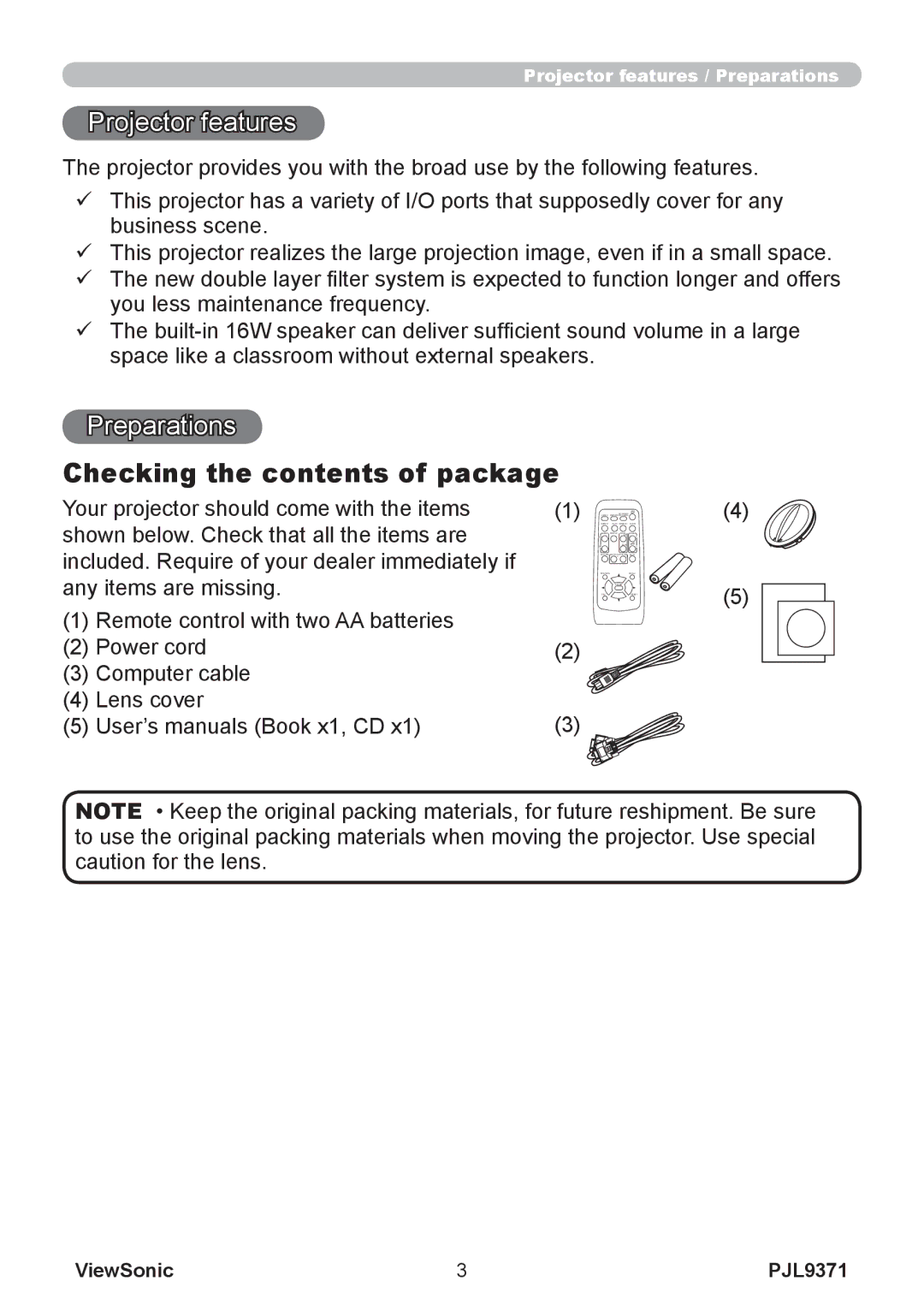 ViewSonic pjl9371 manual Checking the contents of package 