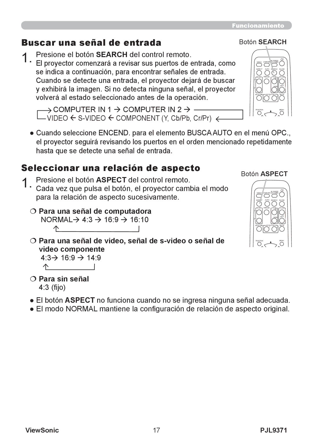 ViewSonic pjl9371 manual Buscar una señal de entrada, Seleccionar una relación de aspecto,  Para sin señal 