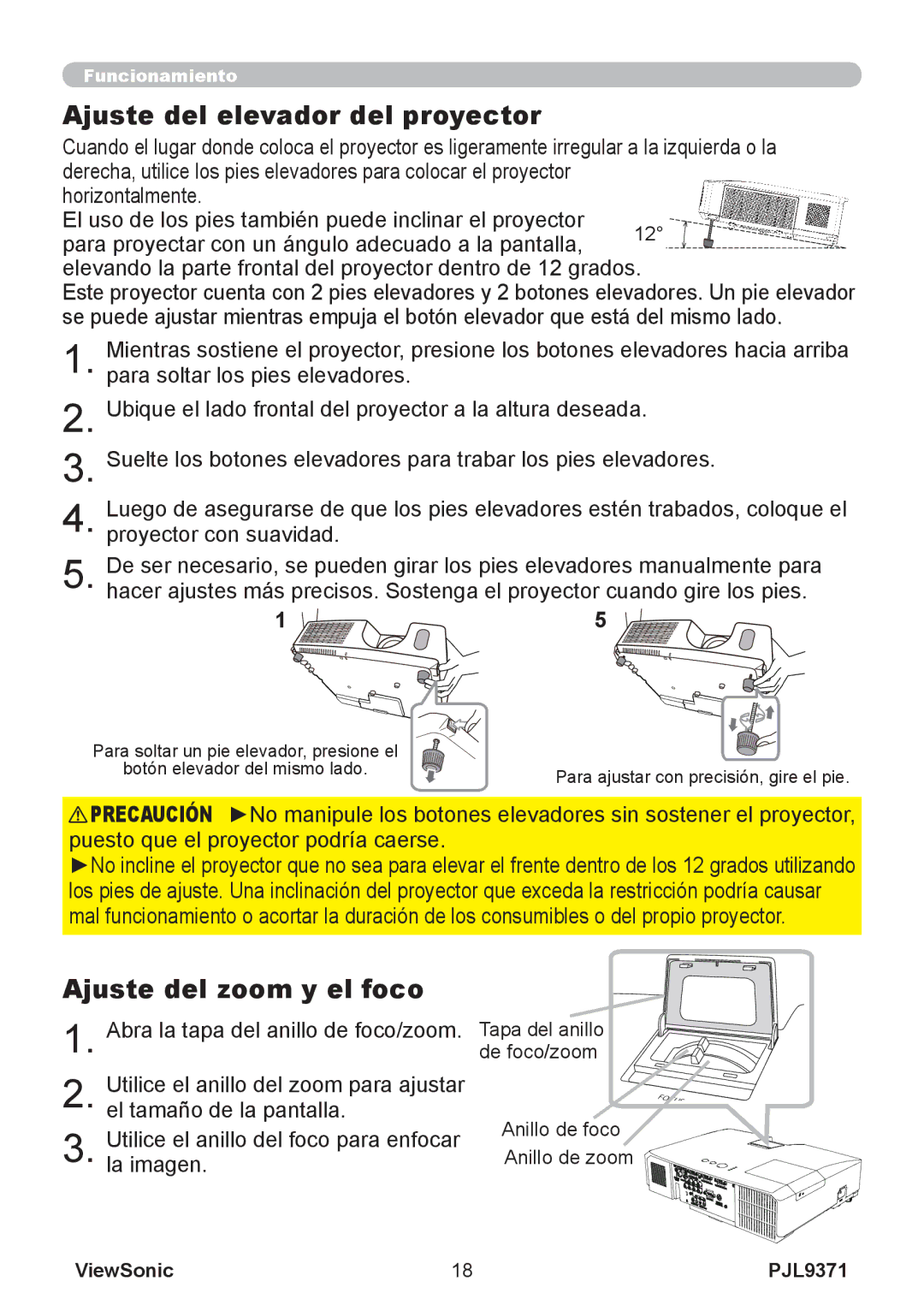 ViewSonic pjl9371 manual Ajuste del elevador del proyector, Ajuste del zoom y el foco, Tapa del anillo de foco/zoom 