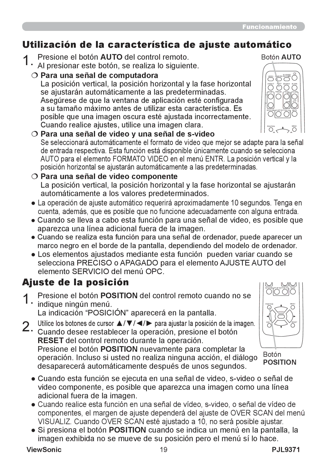 ViewSonic pjl9371 manual Utilización de la característica de ajuste automático, Ajuste de la posición 