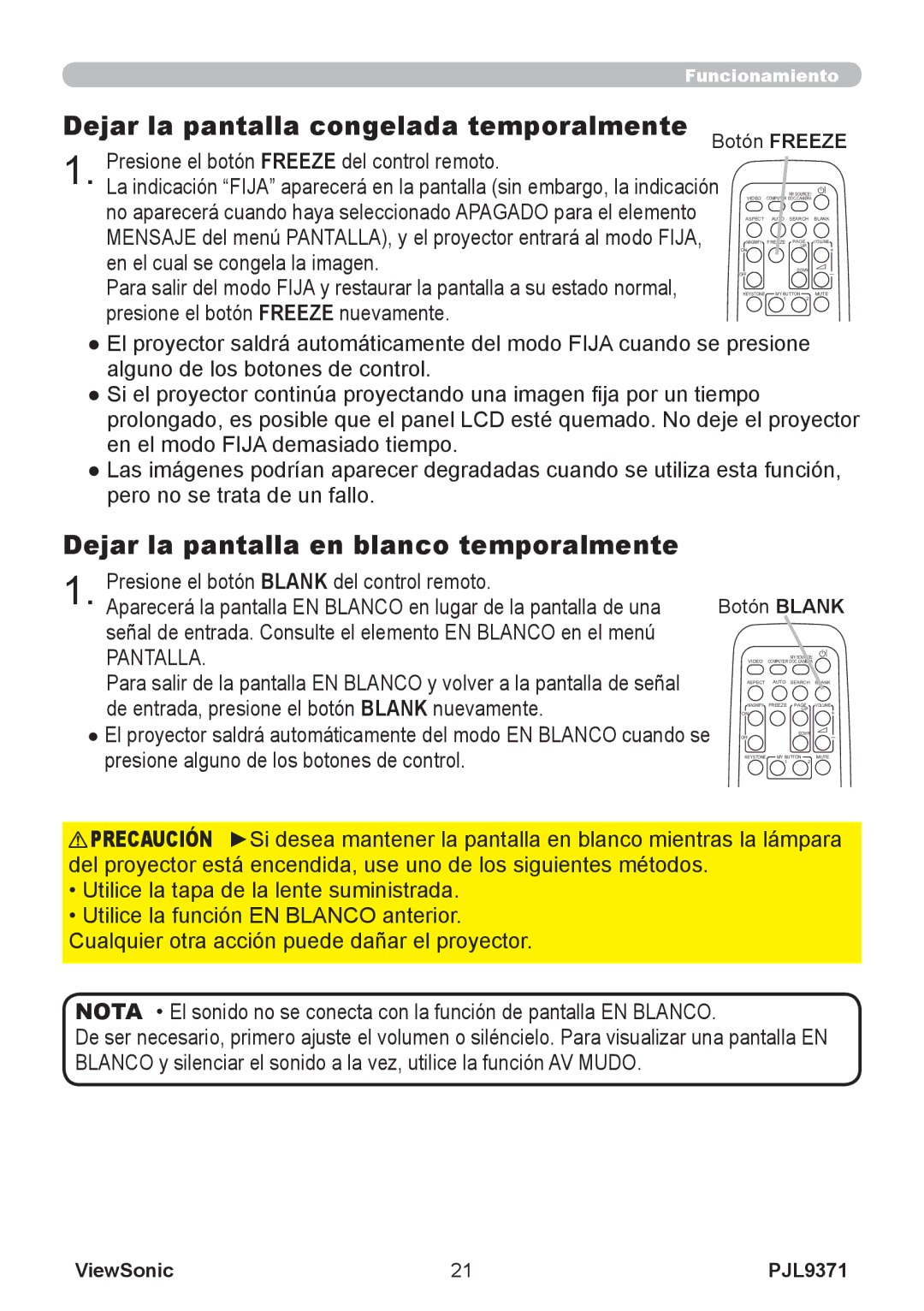 ViewSonic pjl9371 manual Dejar la pantalla congelada temporalmente, Dejar la pantalla en blanco temporalmente, Botón Blank 