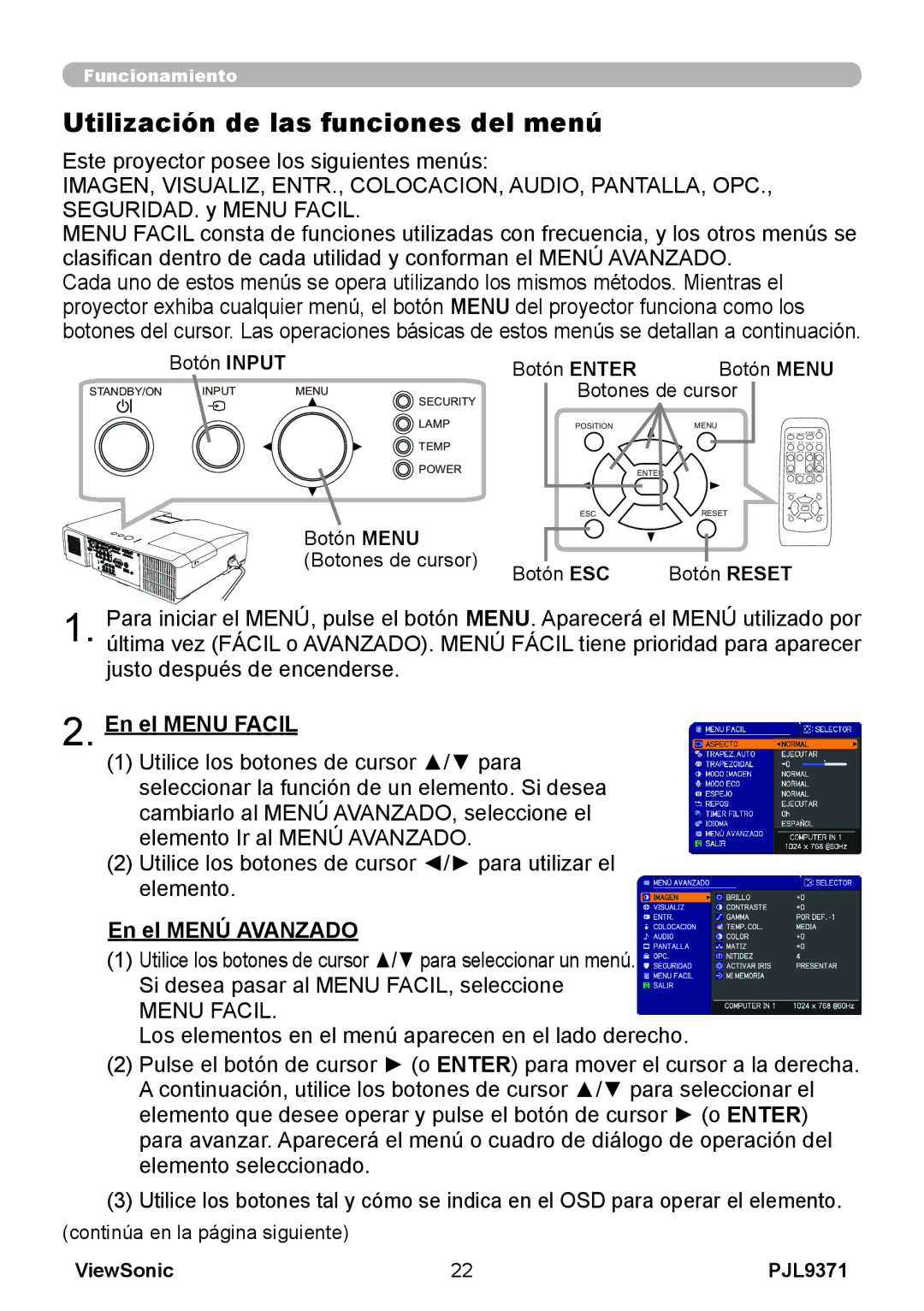 ViewSonic pjl9371 manual Utilización de las funciones del menú, En el Menu Facil, En el Menú Avanzado 