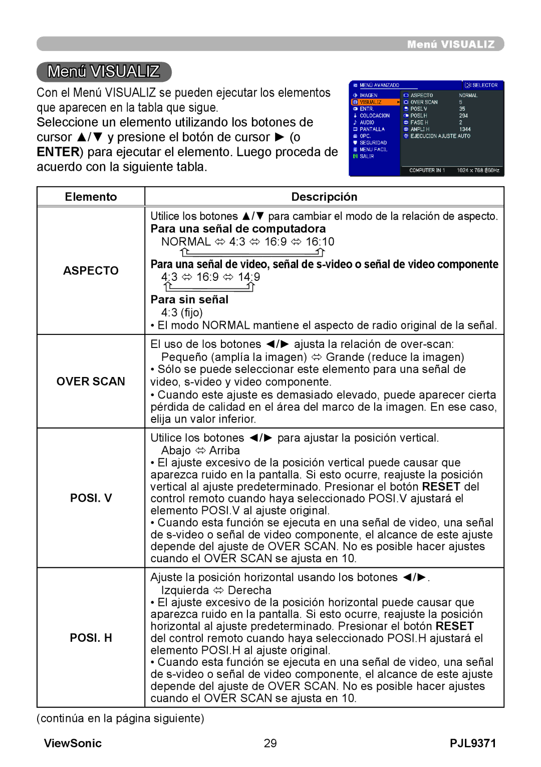 ViewSonic pjl9371 manual Menú Visualiz, Para una señal de computadora, Para sin señal, Posi. H 