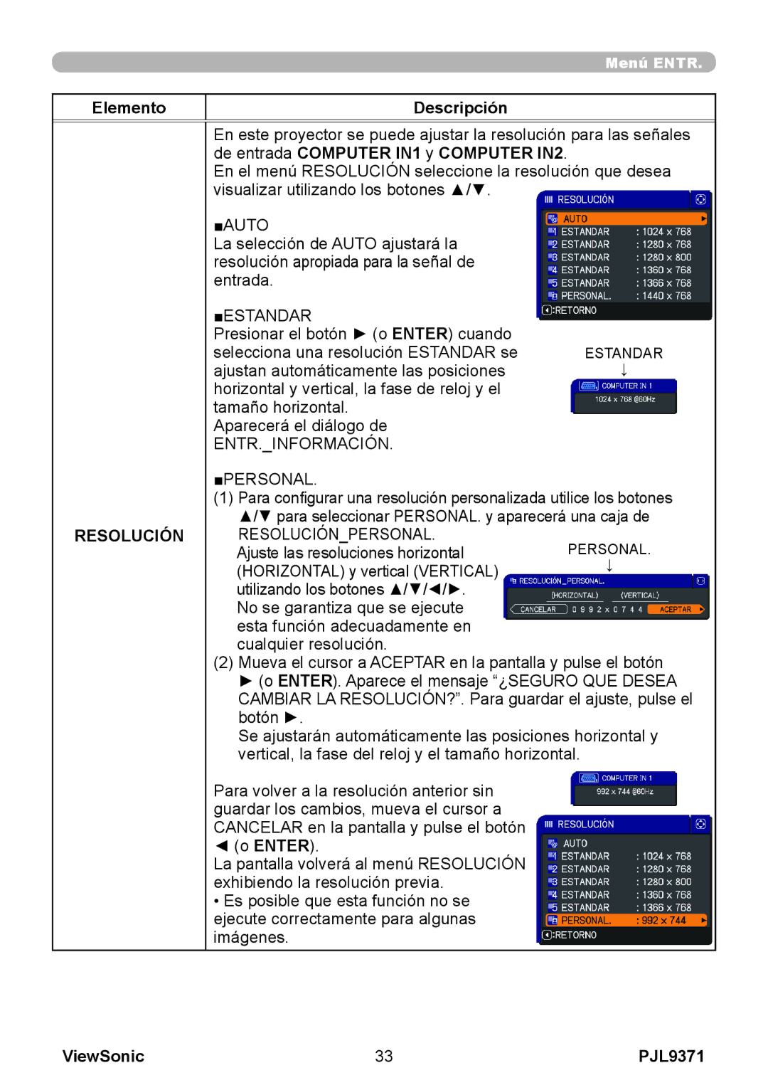 ViewSonic pjl9371 manual Auto, Estandar, Entr.Información, Resolución 