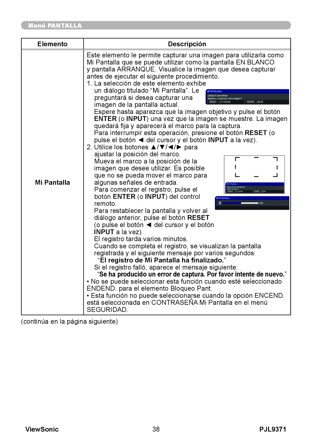 ViewSonic pjl9371 manual El registro de Mi Pantalla ha finalizado, Seguridad 