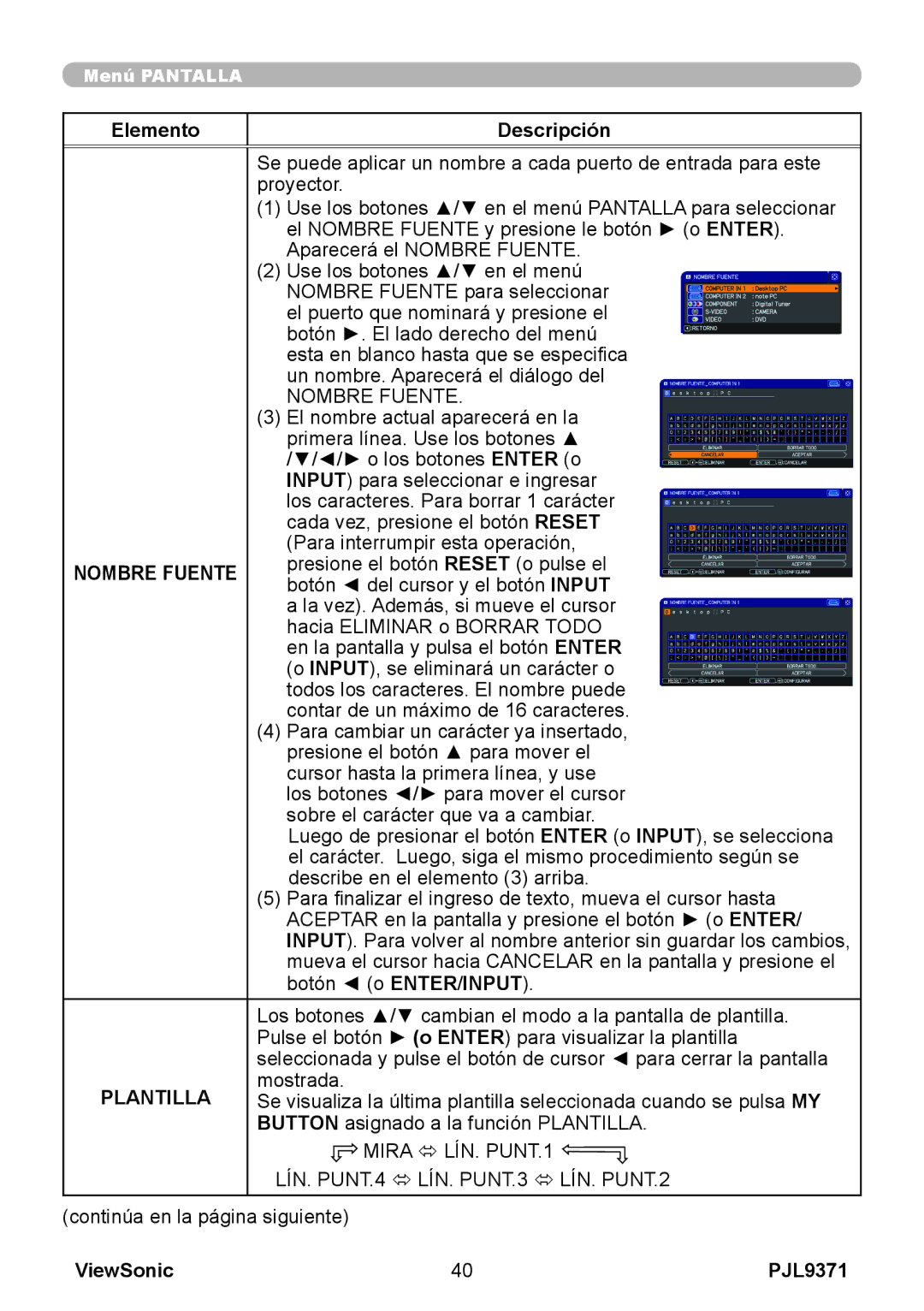 ViewSonic pjl9371 manual Nombre Fuente, Plantilla 