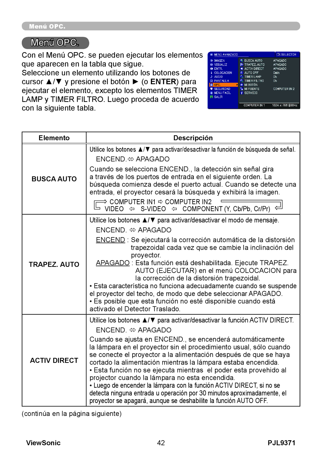 ViewSonic pjl9371 manual Menú OPC, ENCEND. Apagado, Busca Auto, Computer IN1  Computer IN2, Activ Direct 