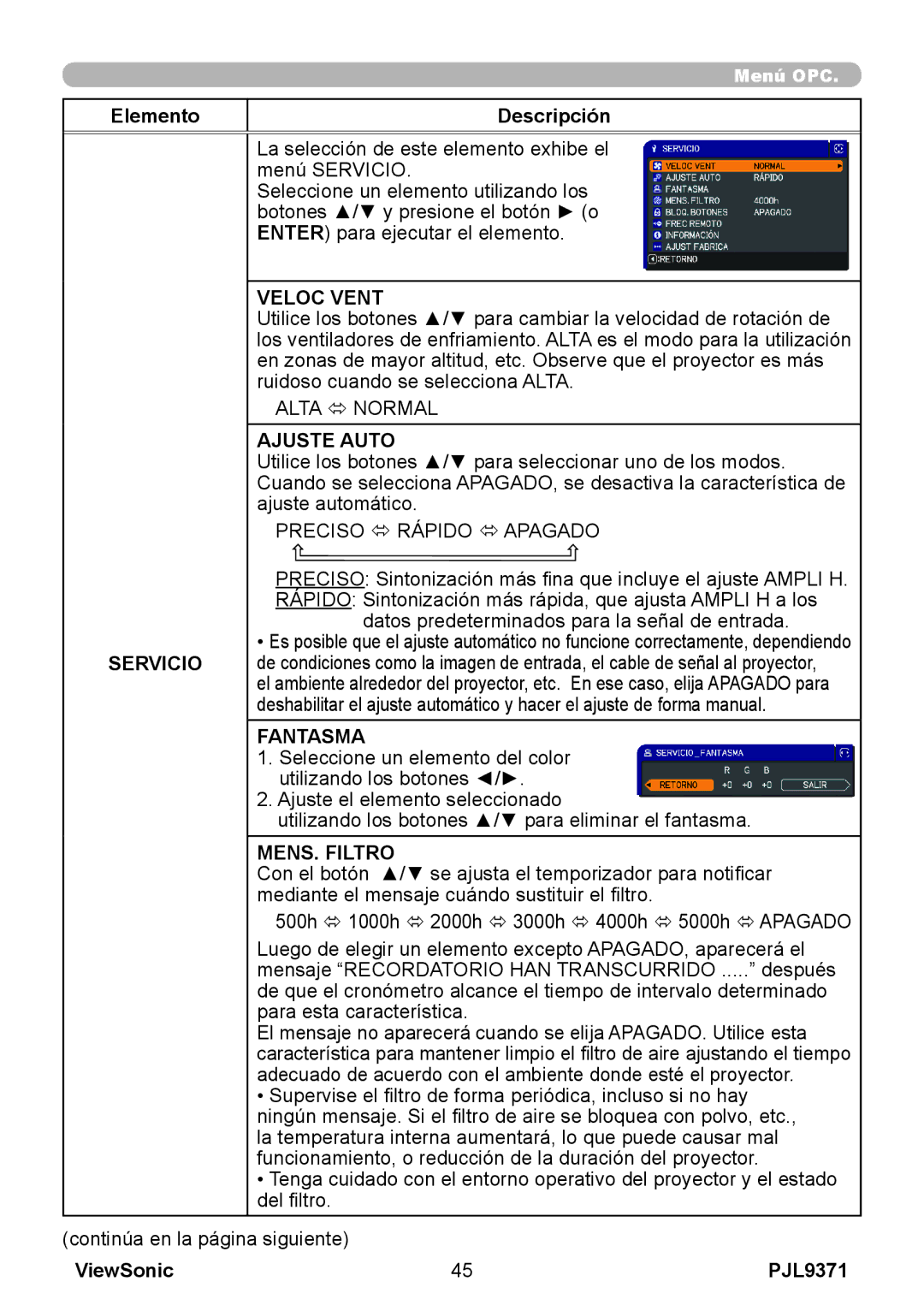 ViewSonic pjl9371 manual Servicio, Veloc Vent, Fantasma, MENS. Filtro 