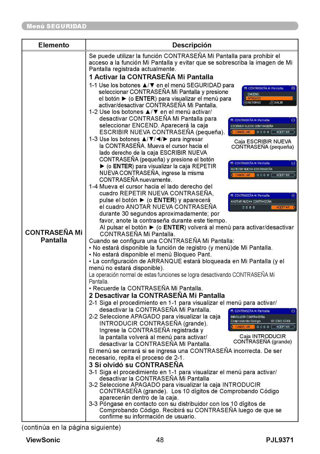 ViewSonic pjl9371 manual Activar la Contraseña Mi Pantalla, Desactivar la Contraseña Mi Pantalla 