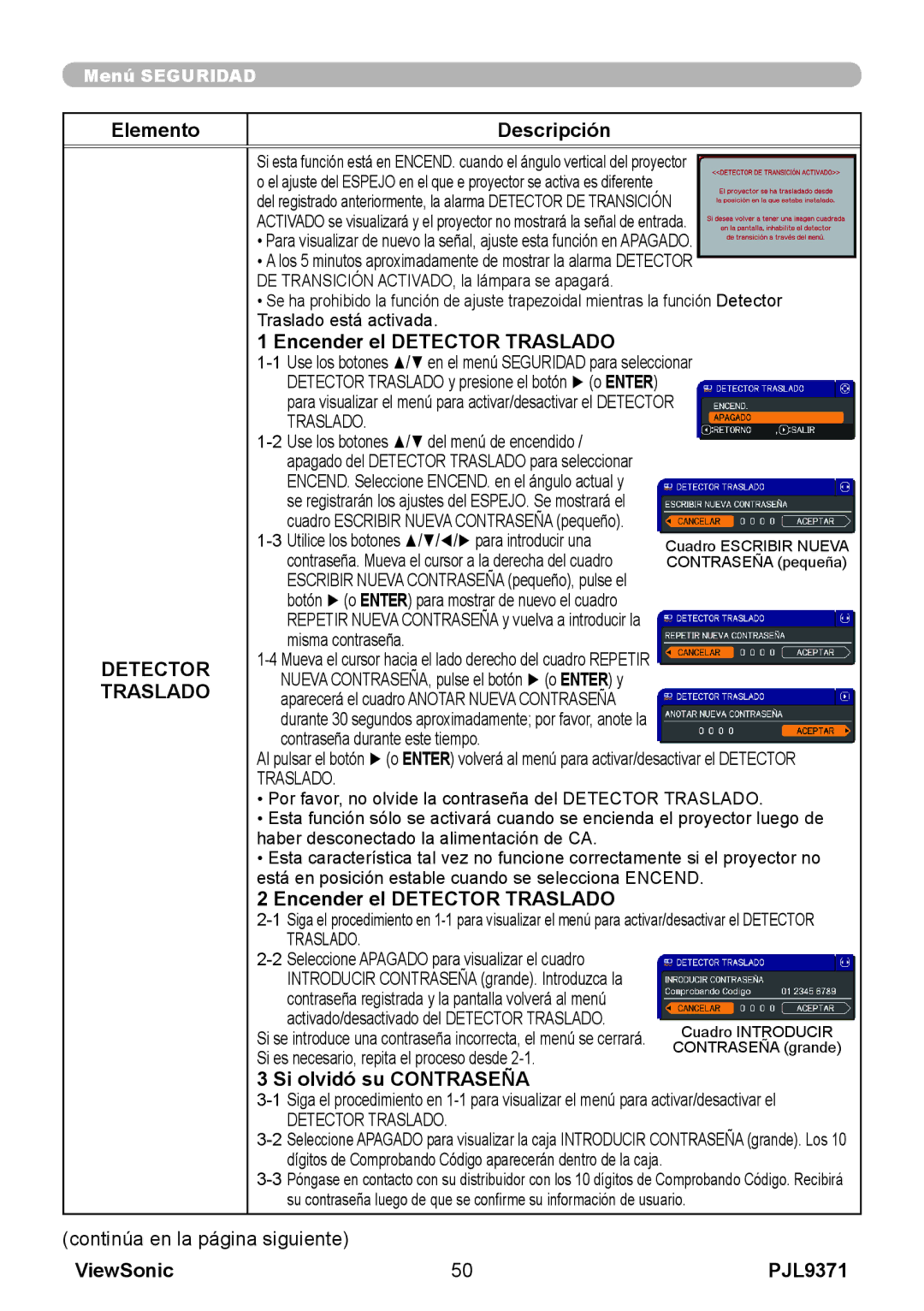 ViewSonic pjl9371 manual Encender el Detector Traslado 