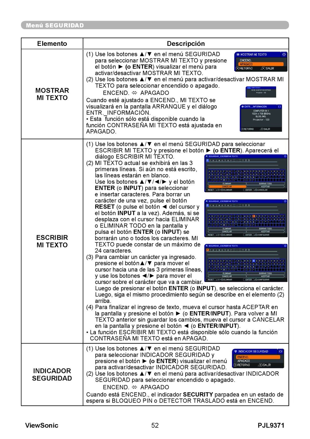 ViewSonic pjl9371 manual MI Texto, Escribir, Indicador, Seguridad 