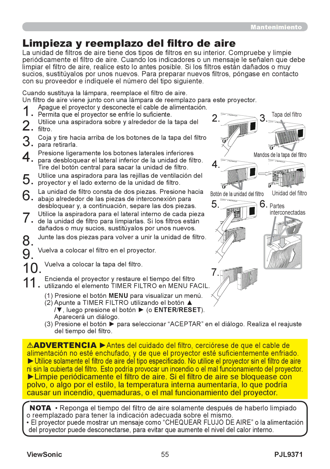 ViewSonic pjl9371 manual Limpieza y reemplazo del filtro de aire 