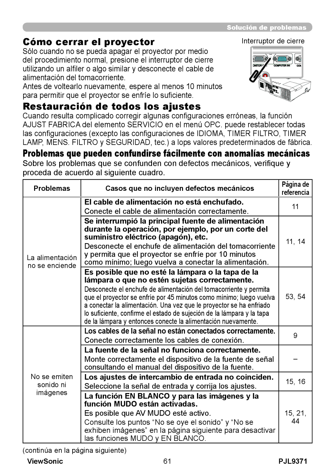 ViewSonic pjl9371 manual Restauración de todos los ajustes, El cable de alimentación no está enchufado 