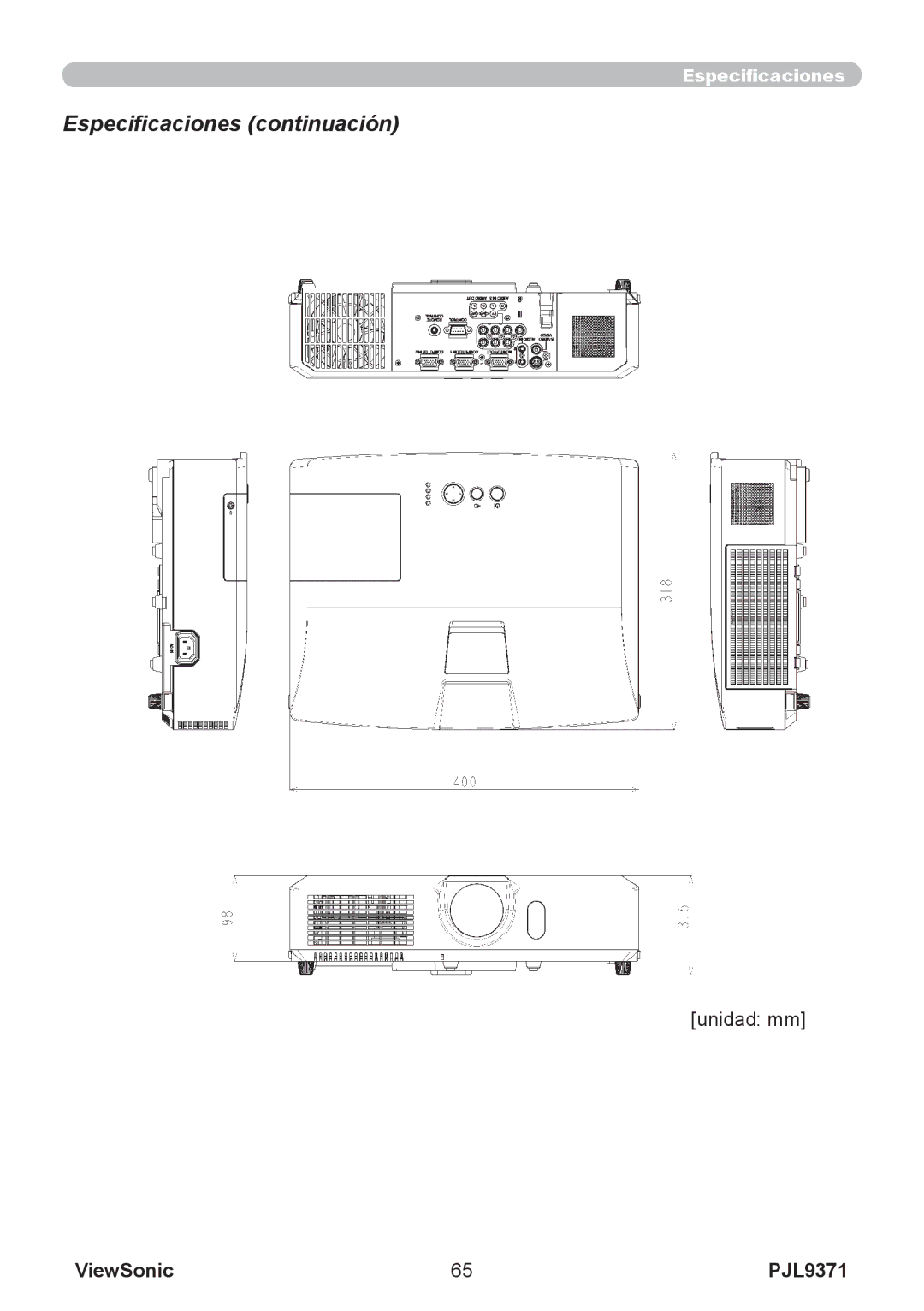 ViewSonic pjl9371 manual Unidad mm 